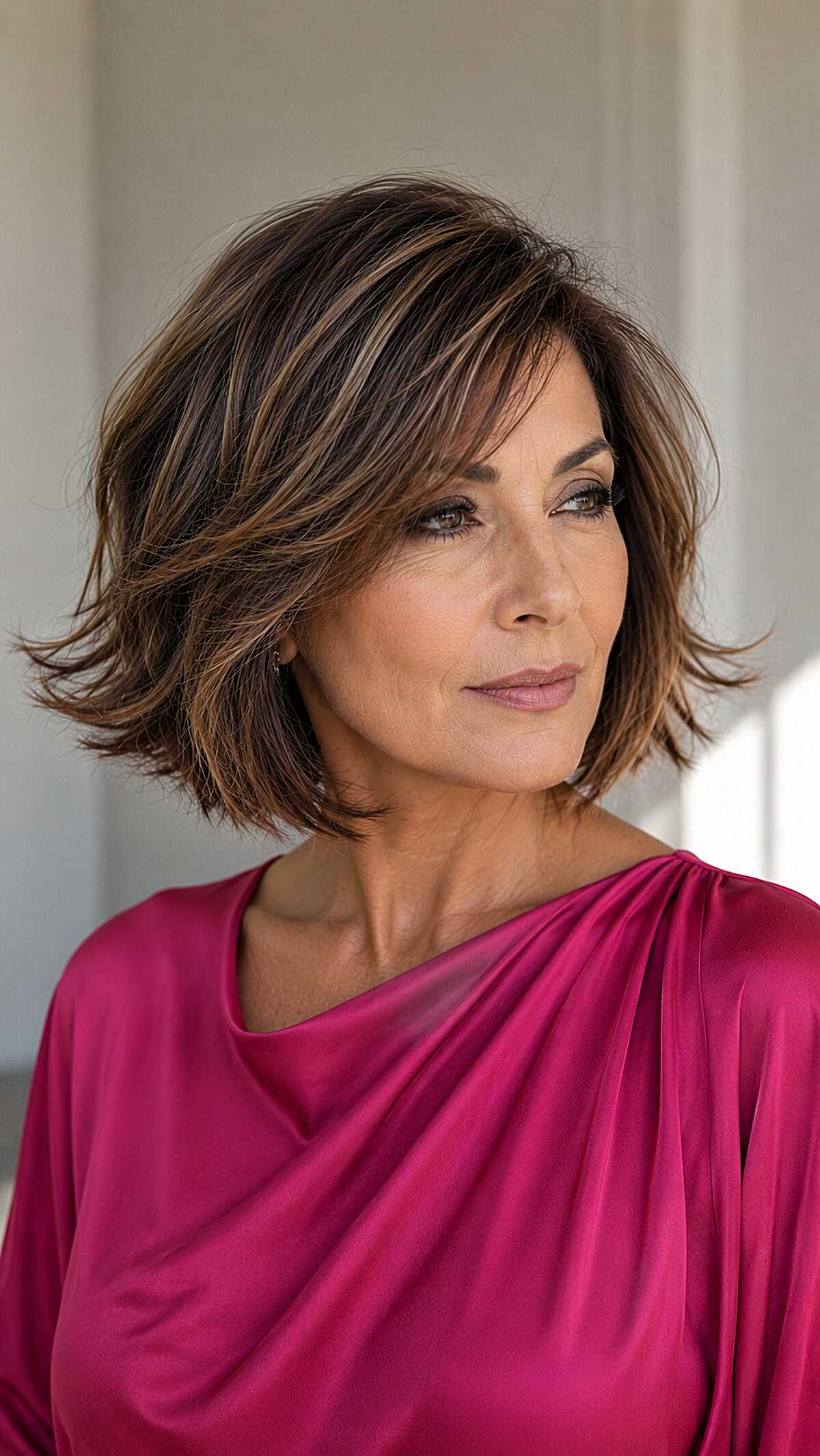 Brunette feathered floating bob with caramel highlights