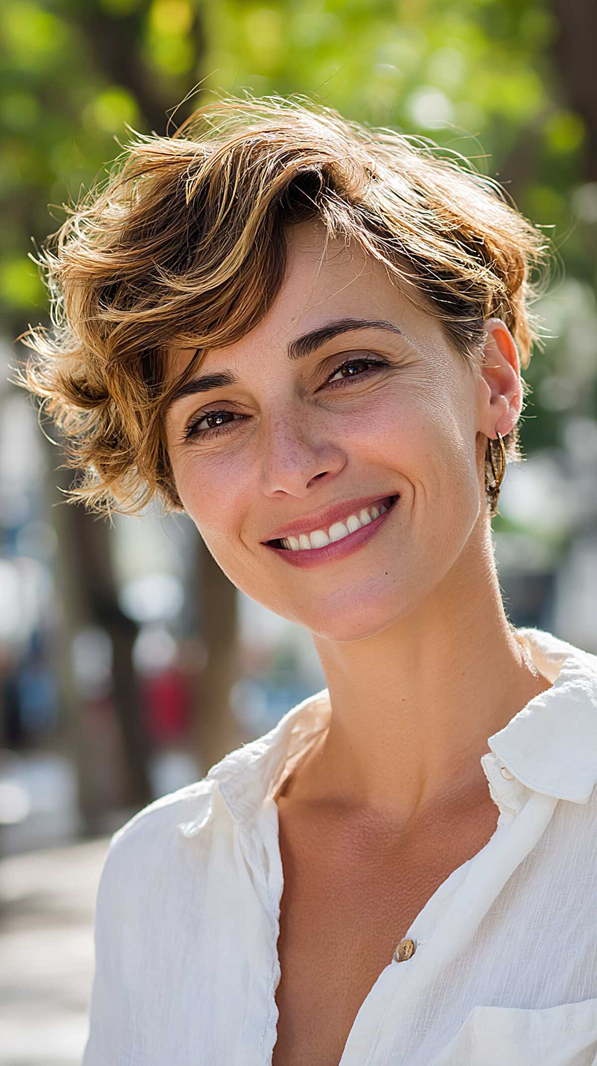 Caramel-Toned Wavy Pixie with Asymmetric Volume