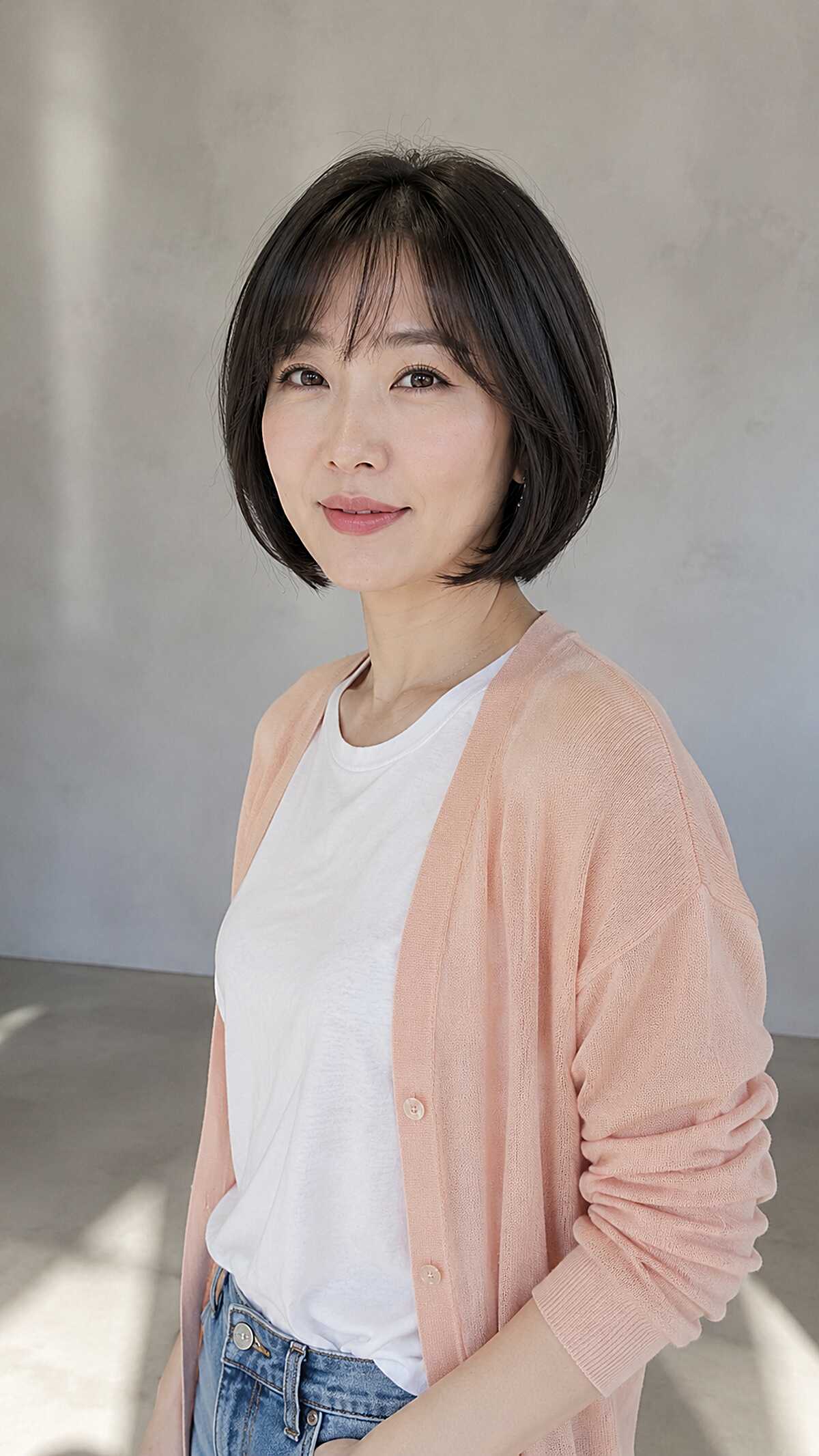 Classic dark short bob with feathered soft bangs