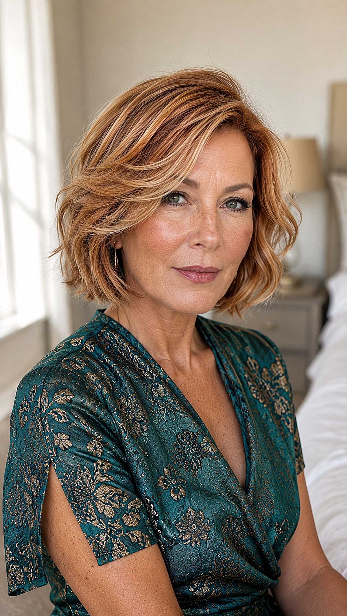 Copper strawberry blonde wavy bob with tousled texture
