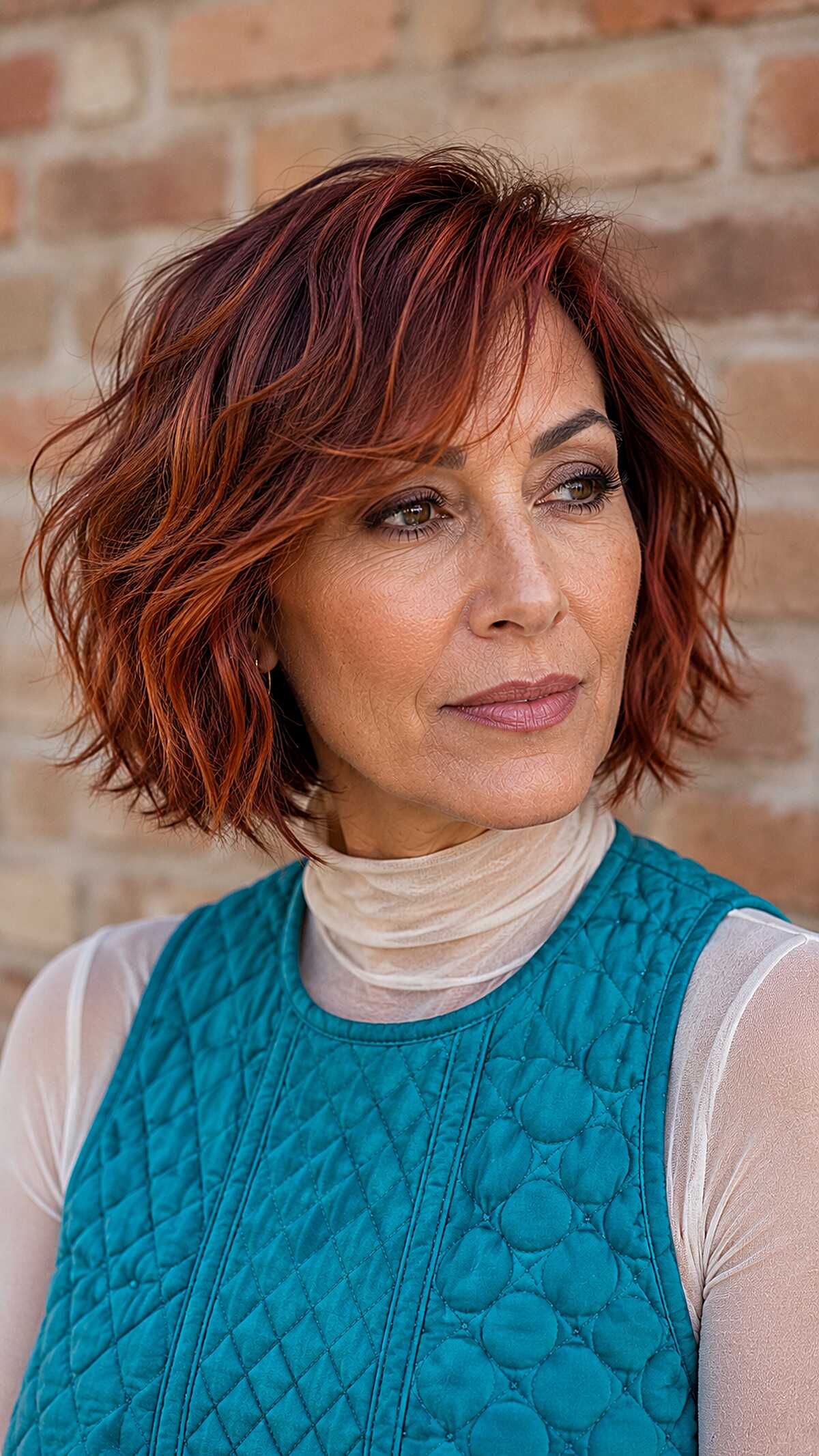 Deep cherry red tousled wavy bob with burgundy tones