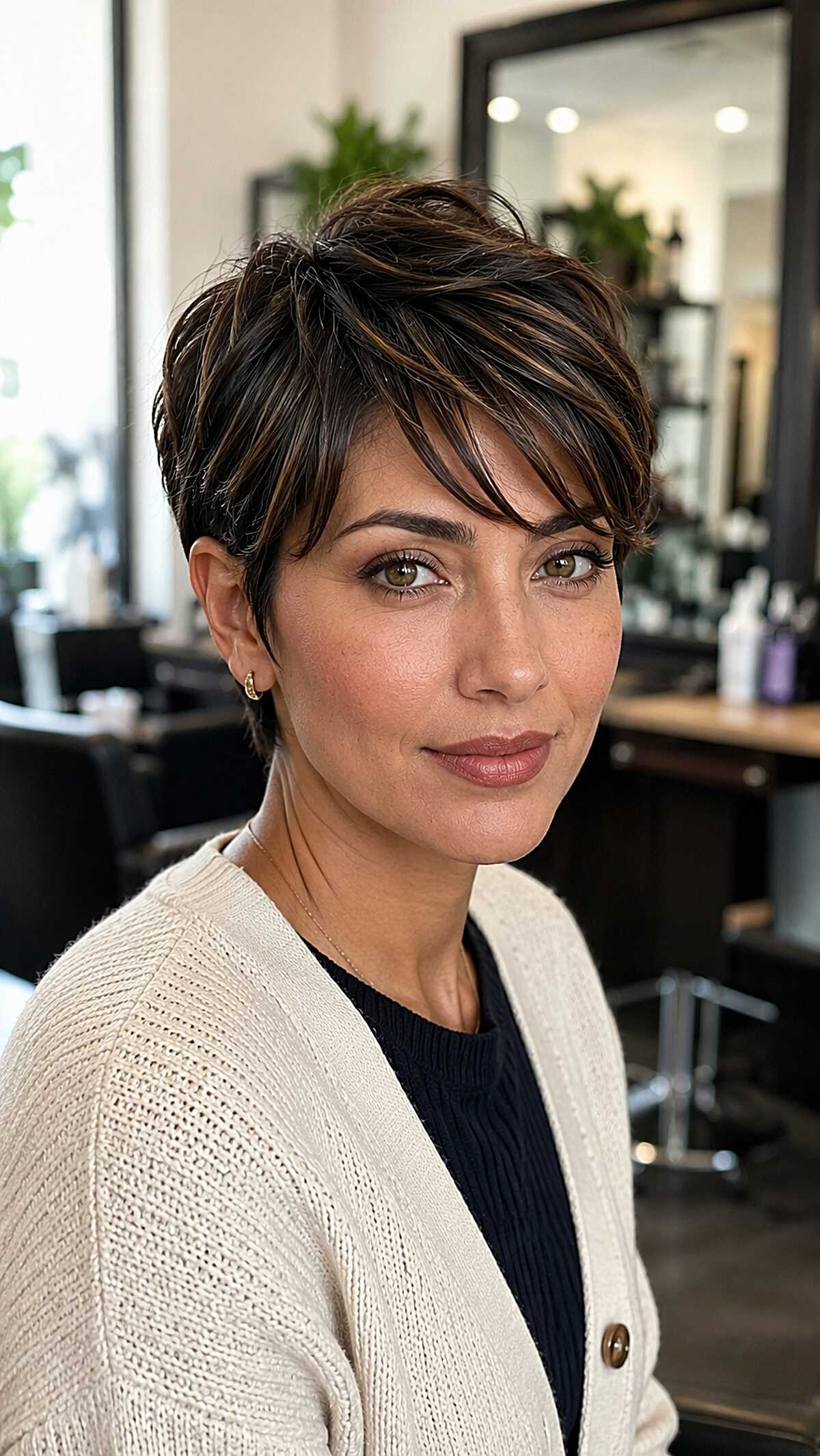 Dimensional brunette pixie with warm highlighted layers