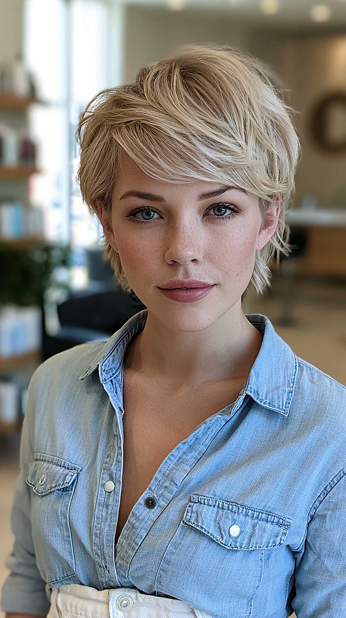 Feathered blonde pixie with long textured top layers