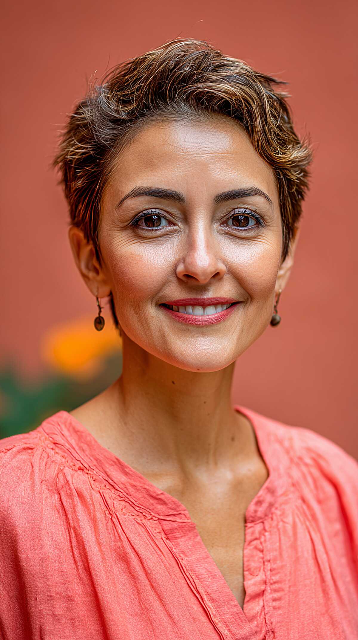 Feathered Warm Brunette Pixie with Honey Highlights