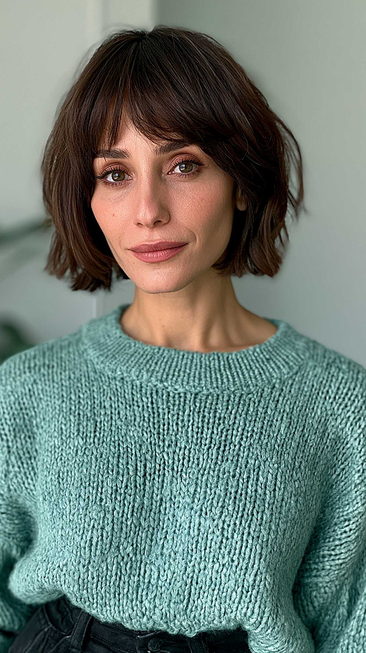 Chin-length French girl bob with soft waves and bangs