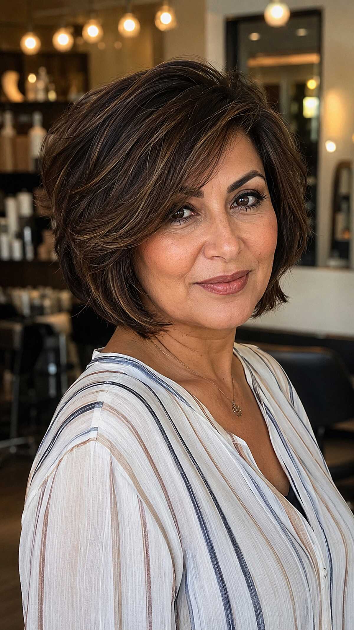 Full-bodied layered bob with caramel highlights