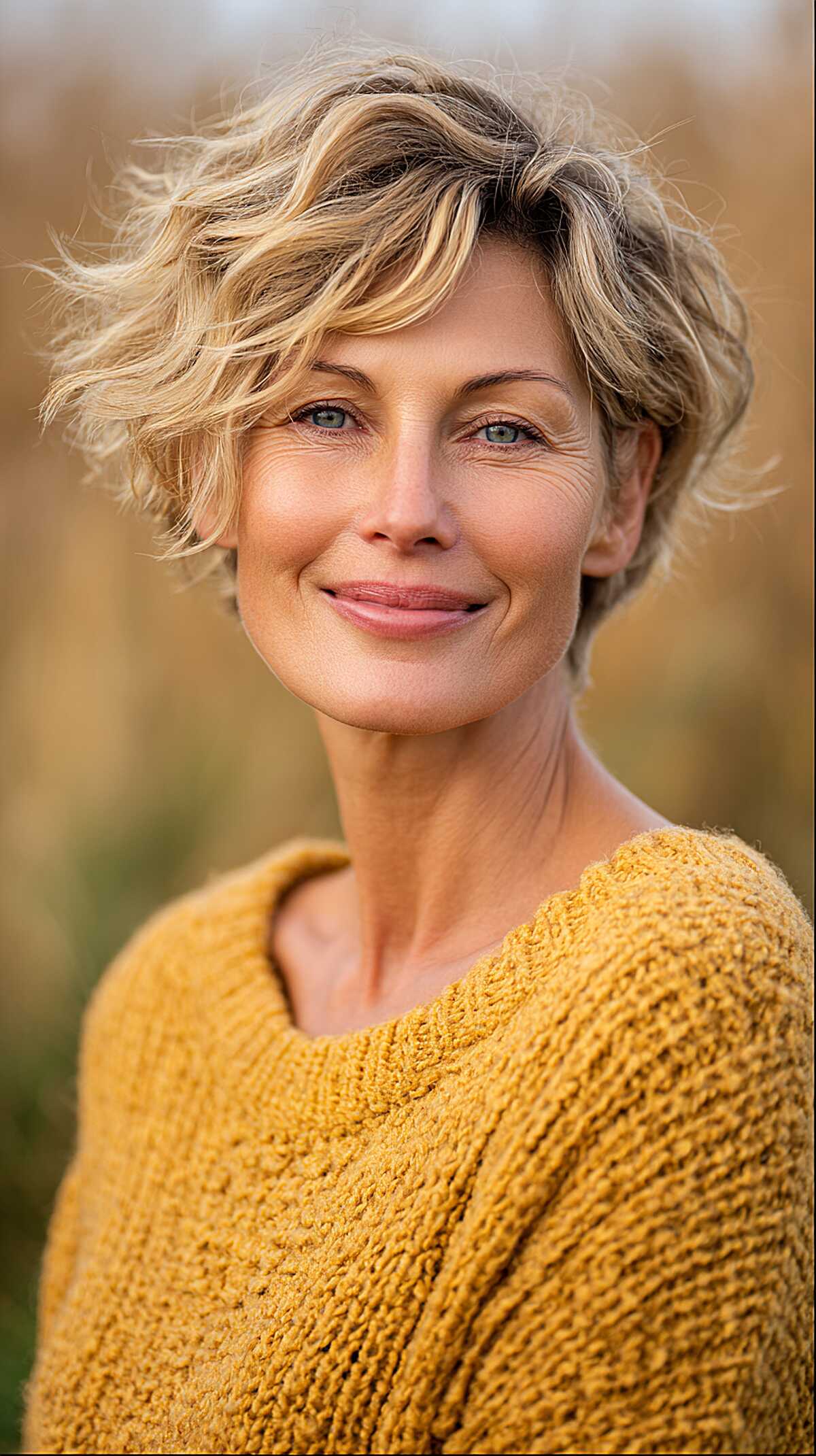 Golden Blonde Wavy Pixie with Wind-Caught Layers