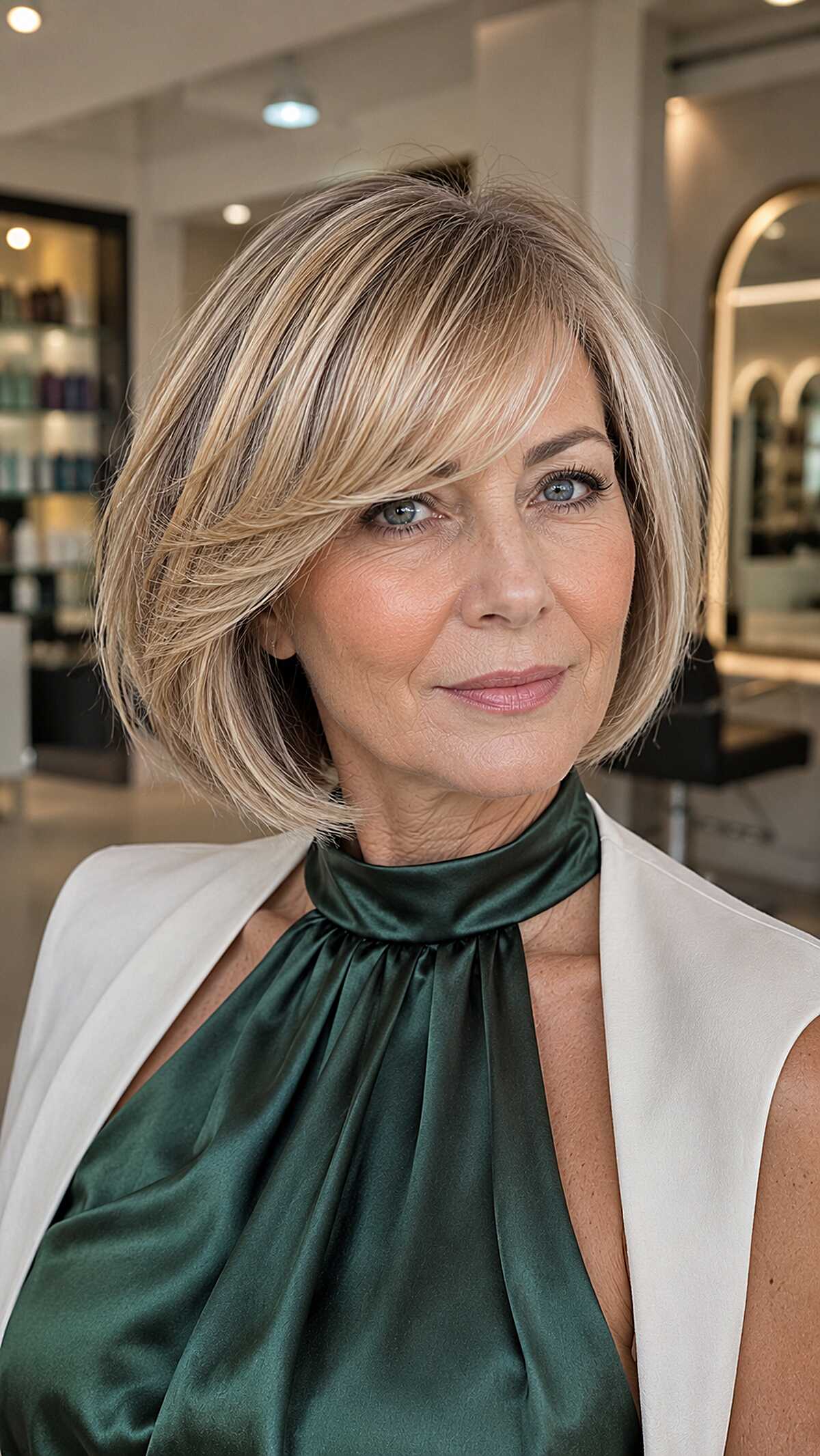 Honey blonde layered bob with curtain bangs over 50
