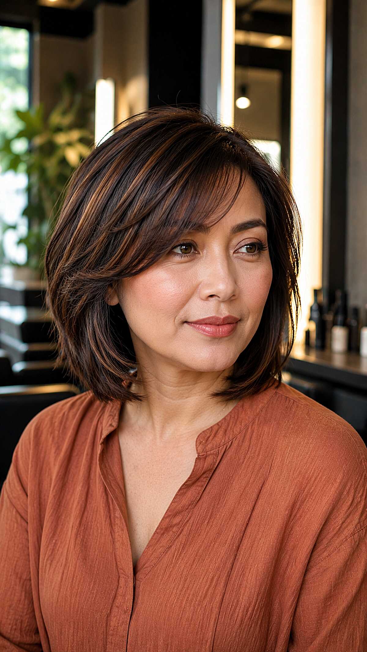 Layered brunette bob with warm copper face-framing pieces