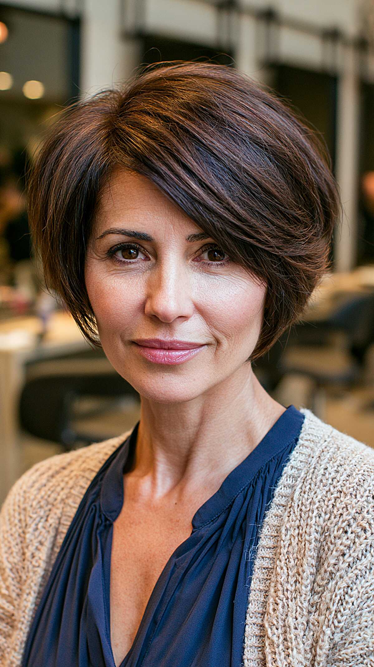 Layered brunette bob with side-swept volume and shine