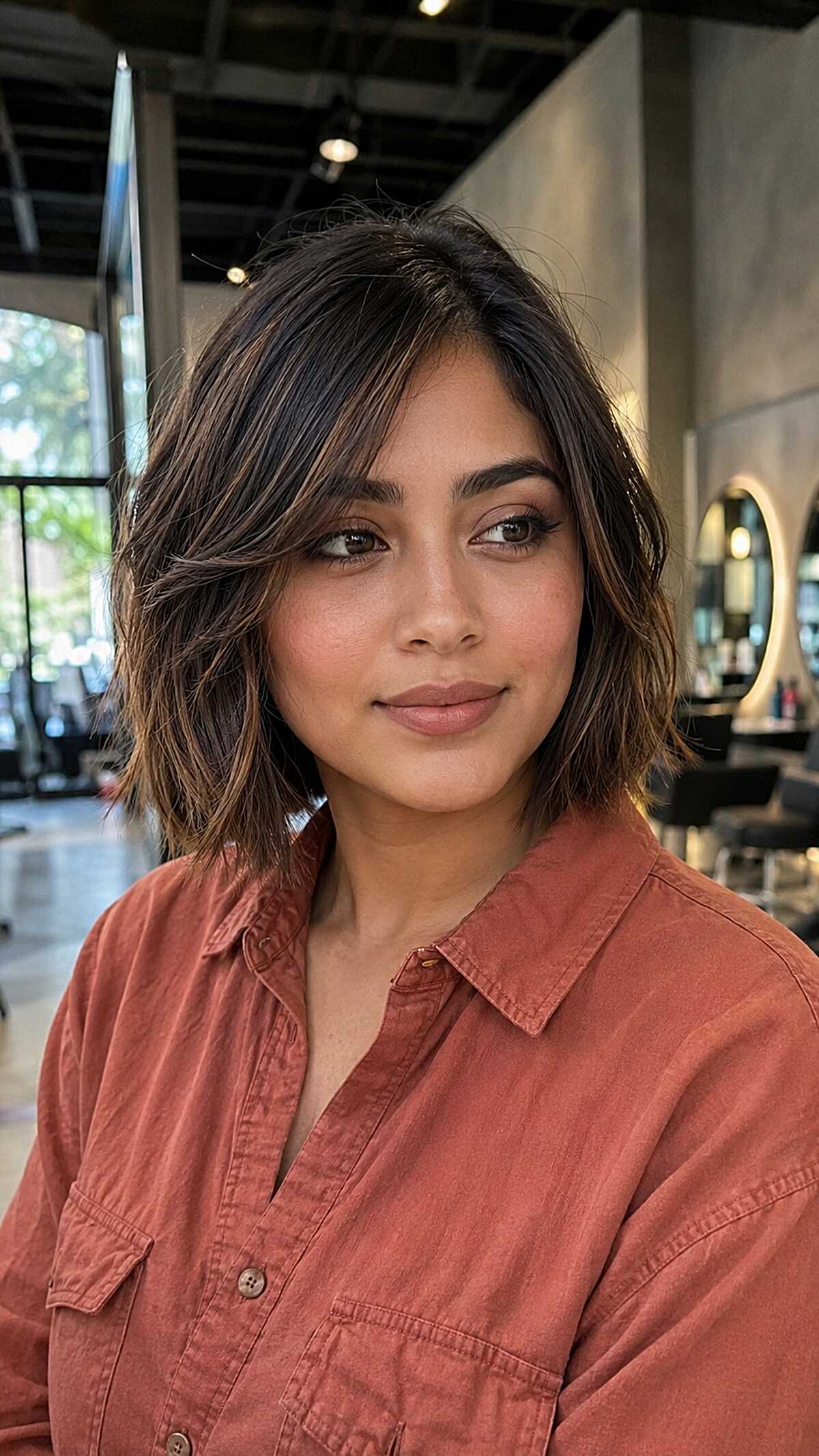 Lived-in textured dark lob with soft caramel highlights