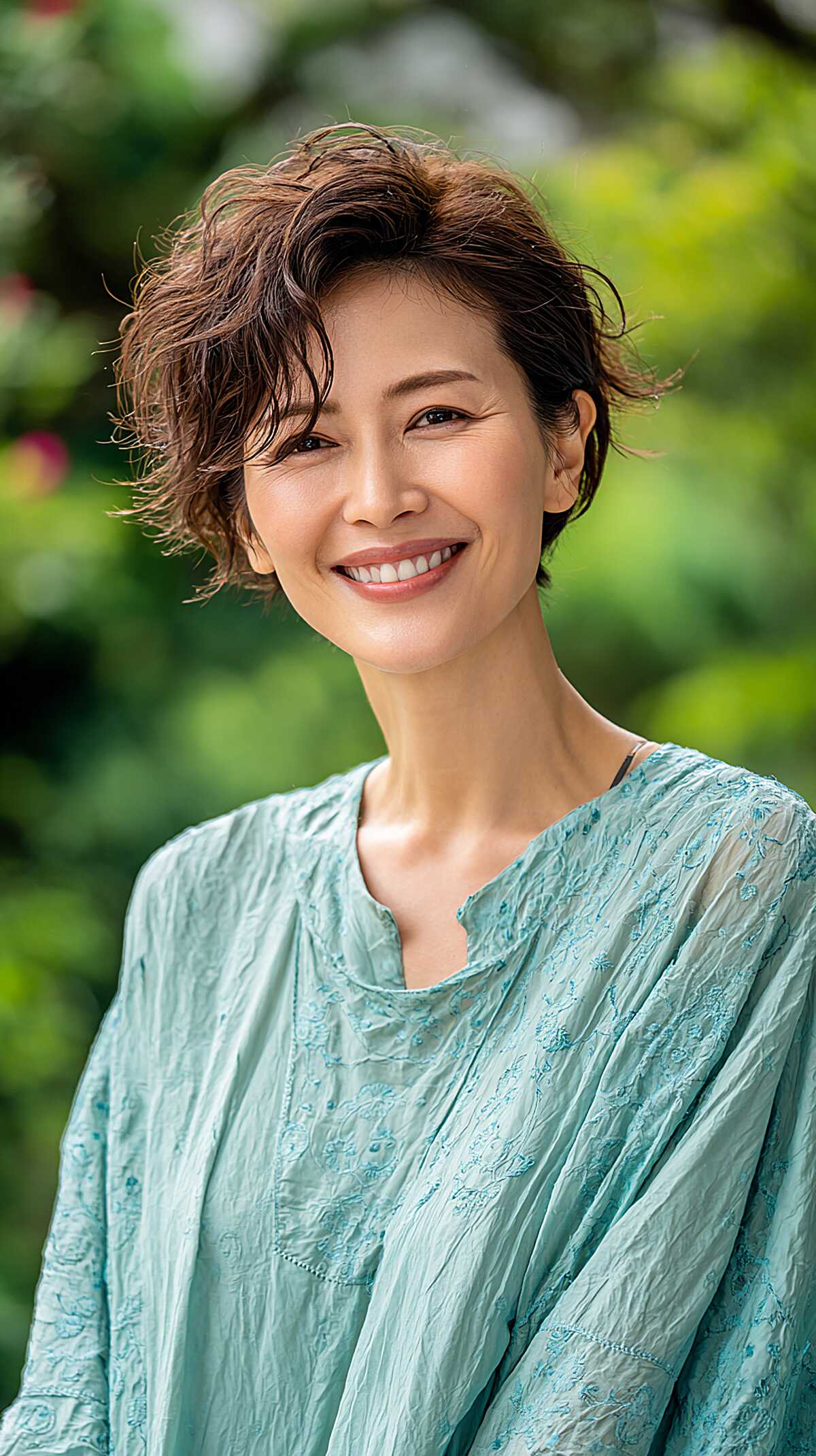 Loose Wavy Brunette Pixie with Air-Dried Texture