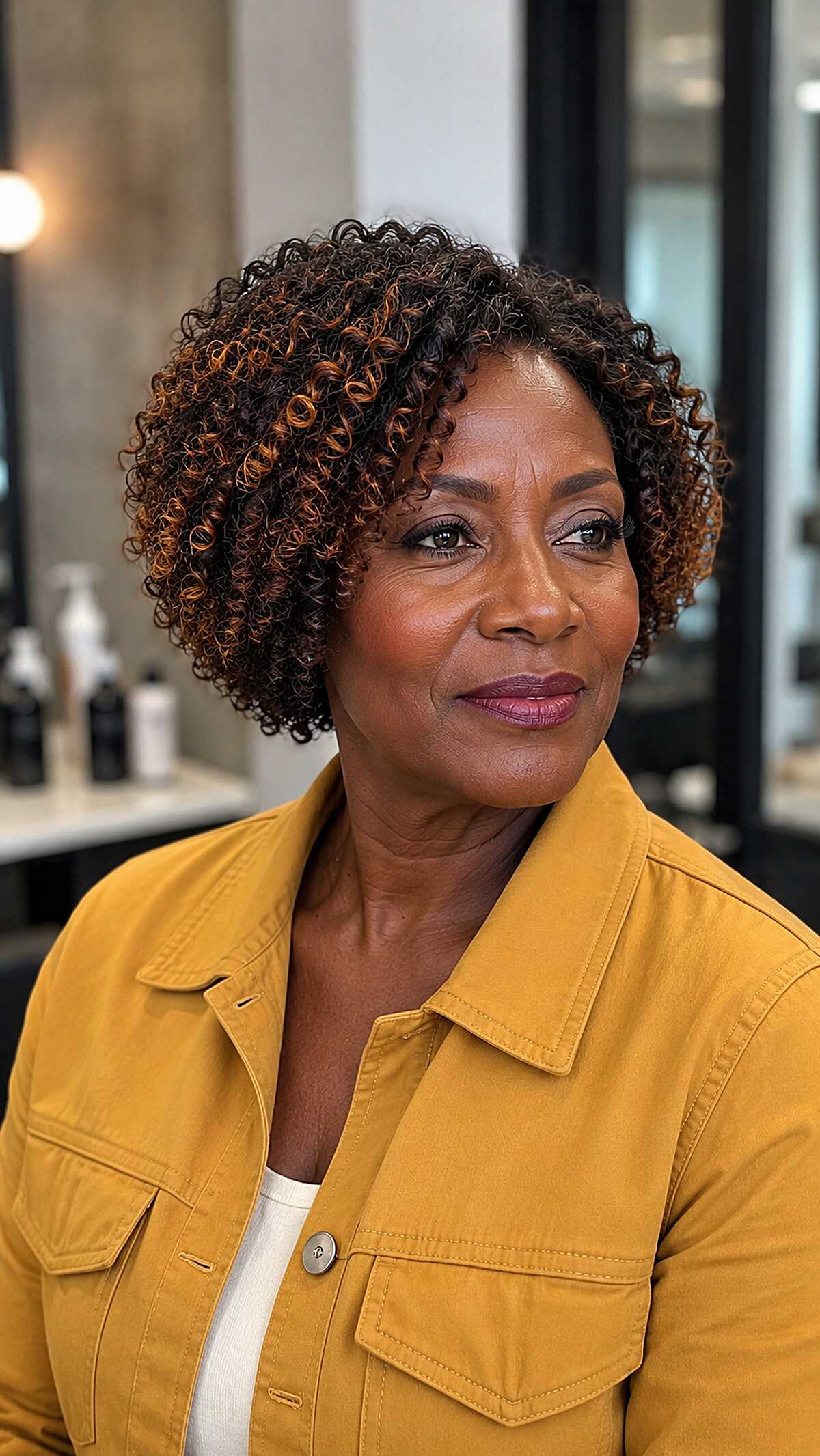 Natural curly bob with honey-dipped highlighted ends
