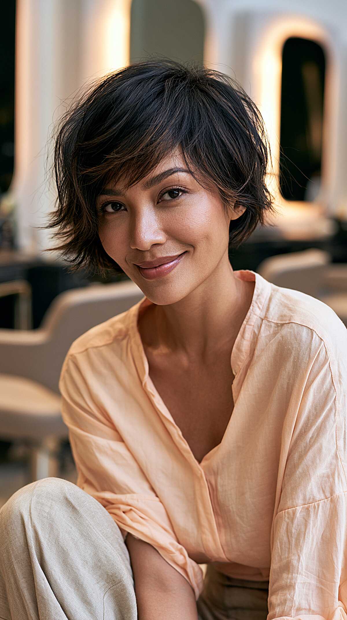 Playful choppy dark bob with piece-y layered finish