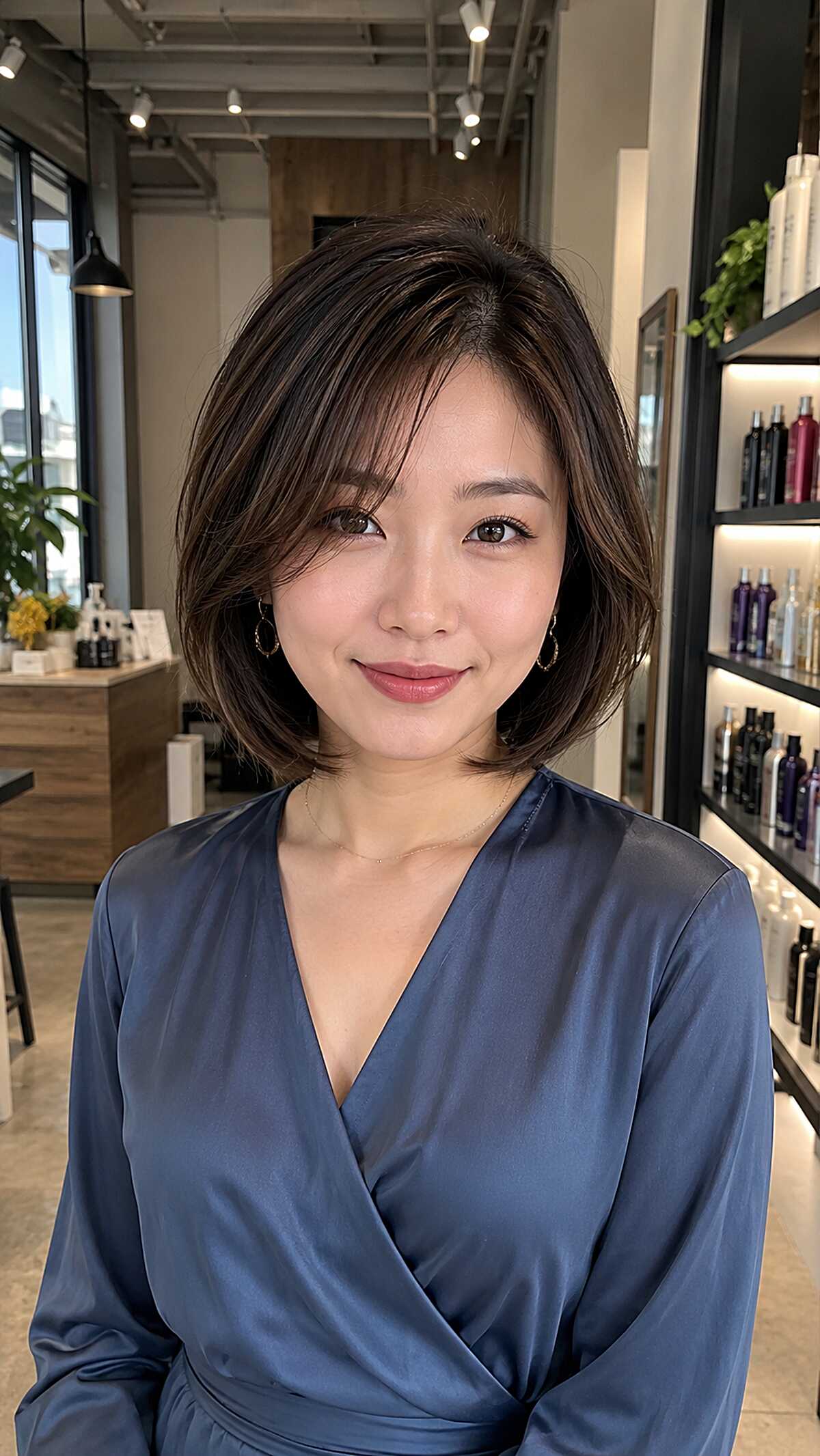 Polished brunette layered bob with crown volume