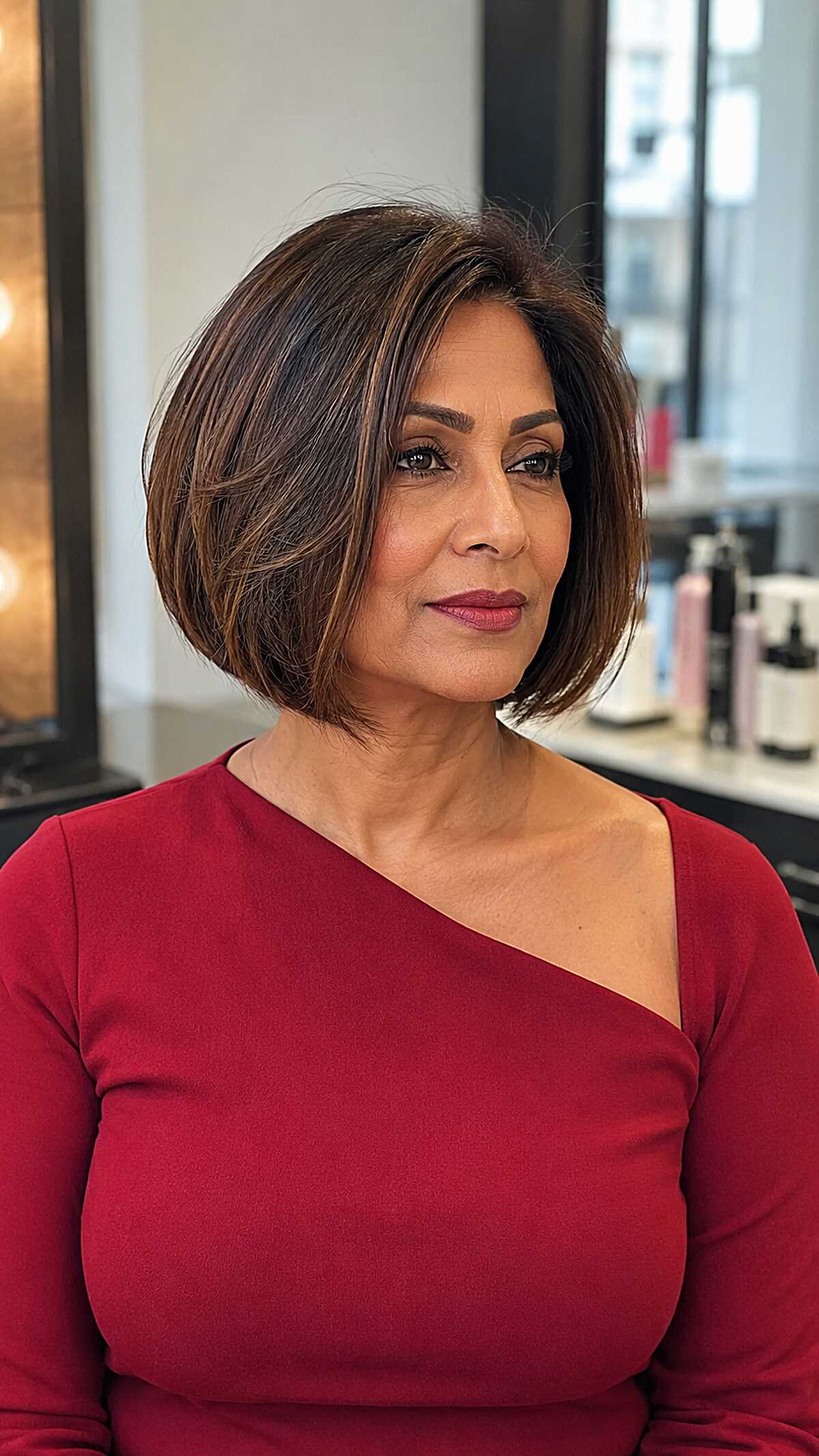 Polished rounded dark brown bob with subtle highlights