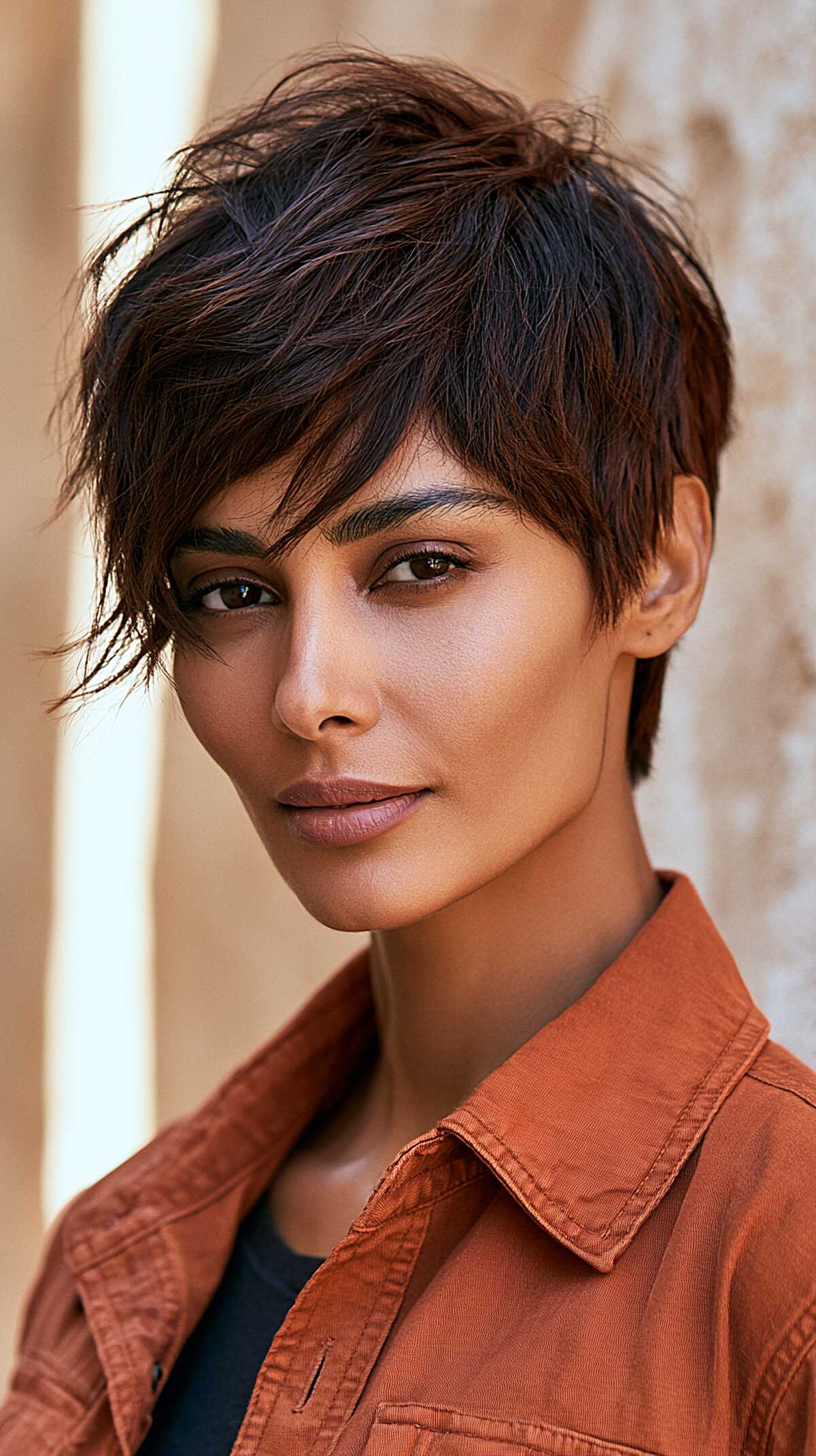 Razored dark brunette pixie with tousled fringe