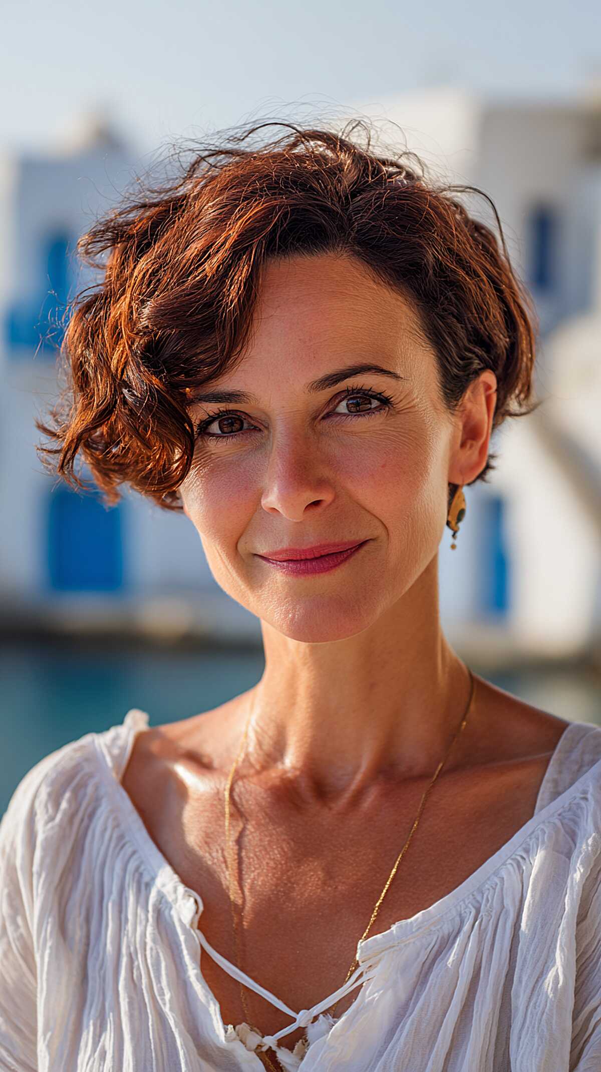 Reddish Brunette Wavy Pixie with Sun-Caught Ends