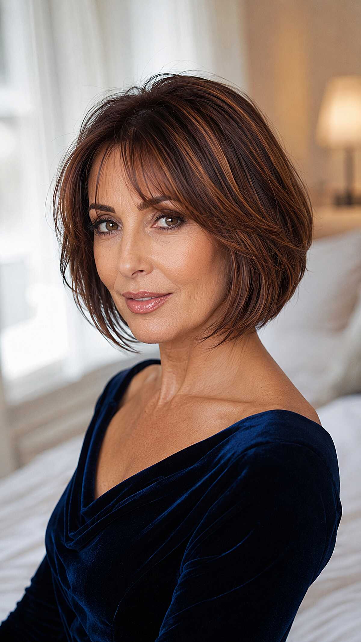 Rich brunette bob with cinnamon ribbon highlights