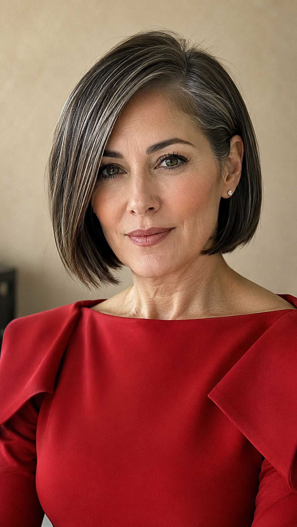 Salt and pepper sleek side-swept bob on woman over 50