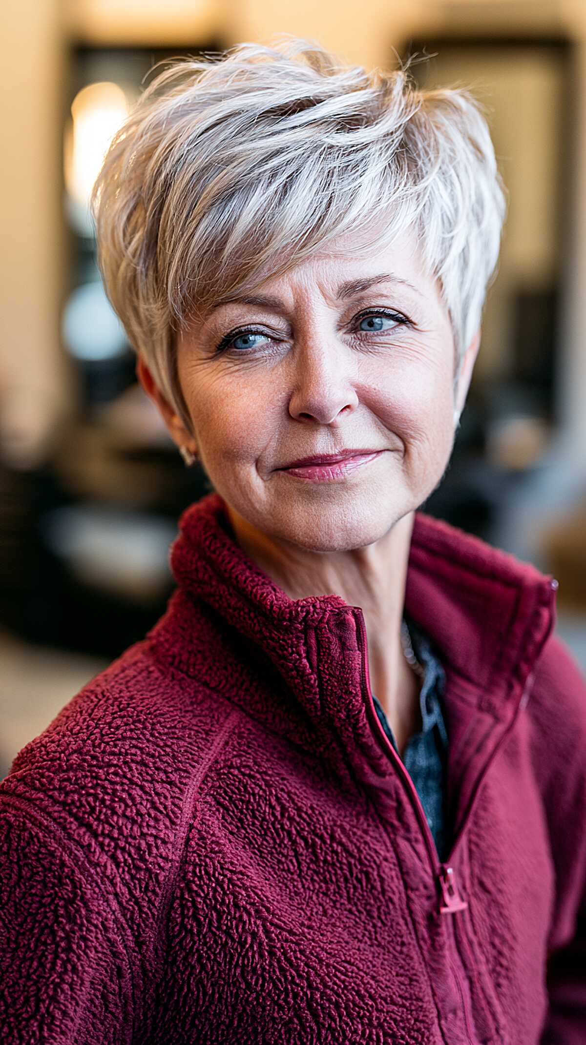Silver white feathered pixie cut with layered texture