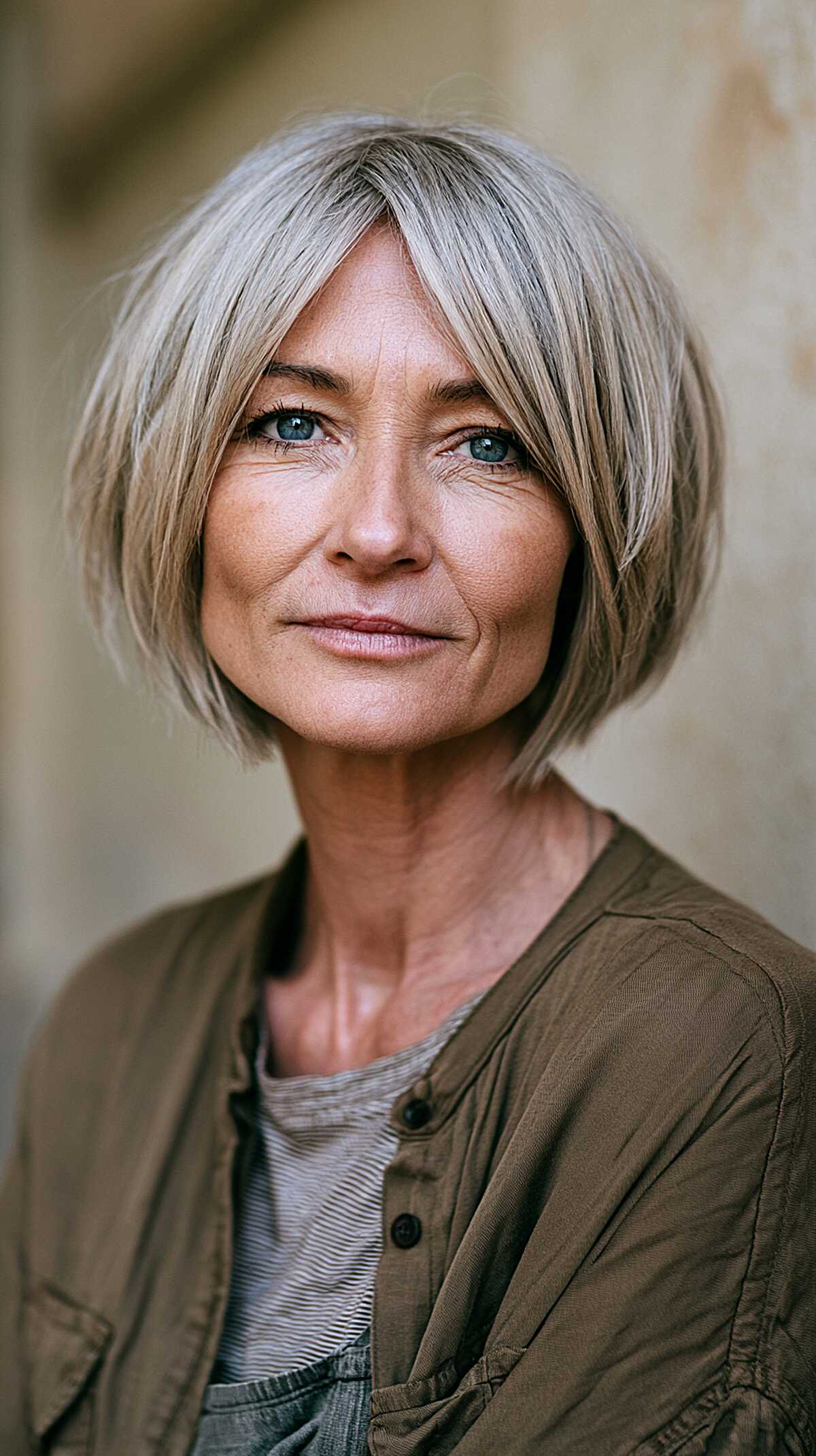 Sleek ash blonde layered bob with side-swept fringe
