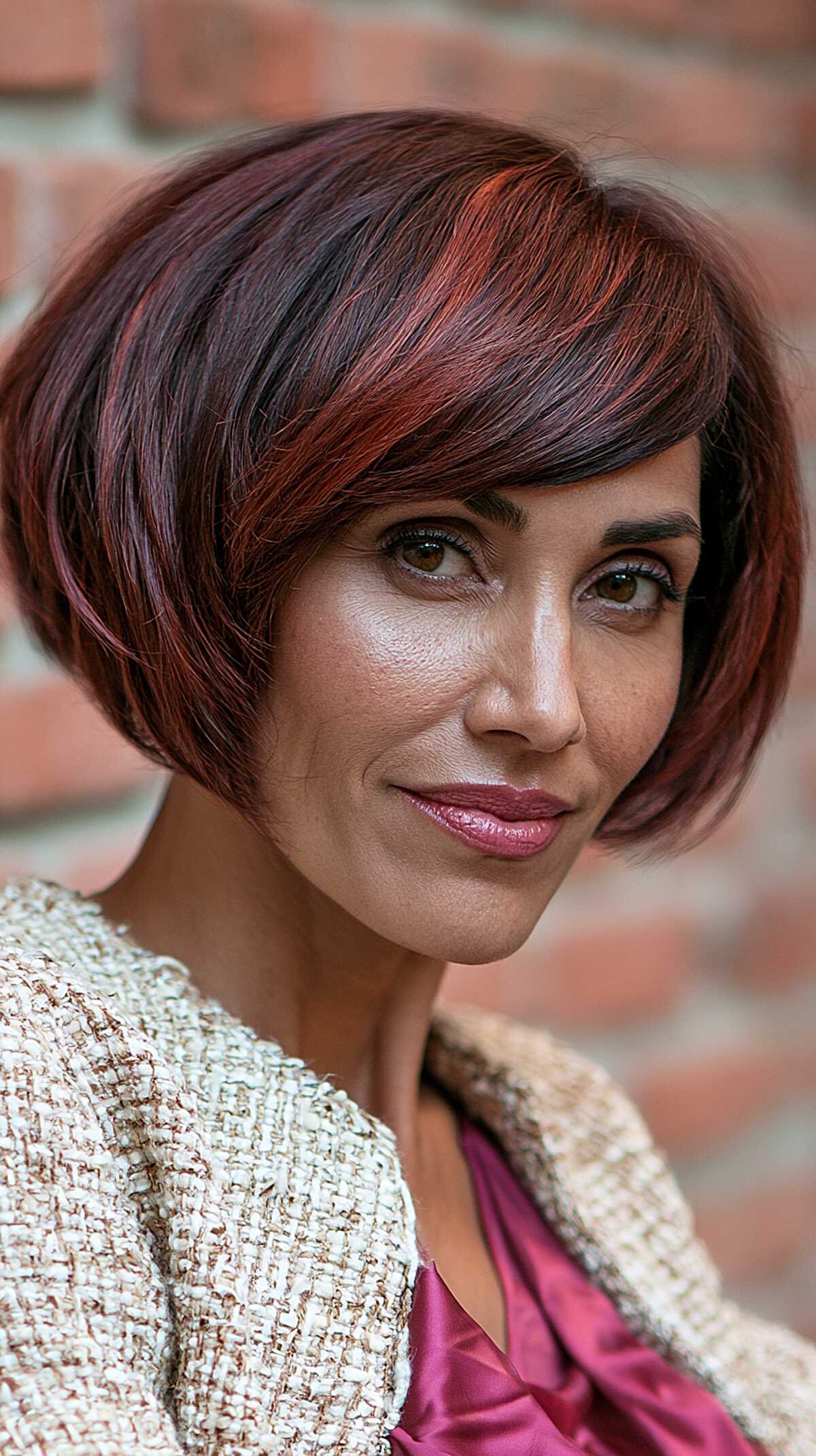Sleek burgundy bob with copper red highlights