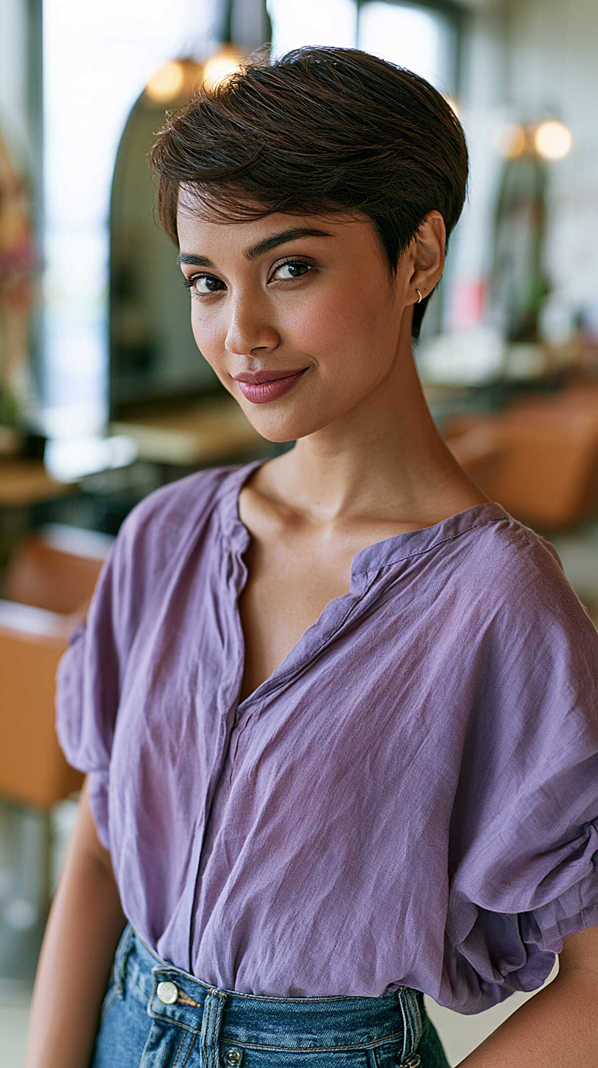 Sleek dark cropped pixie cut with tapered sides