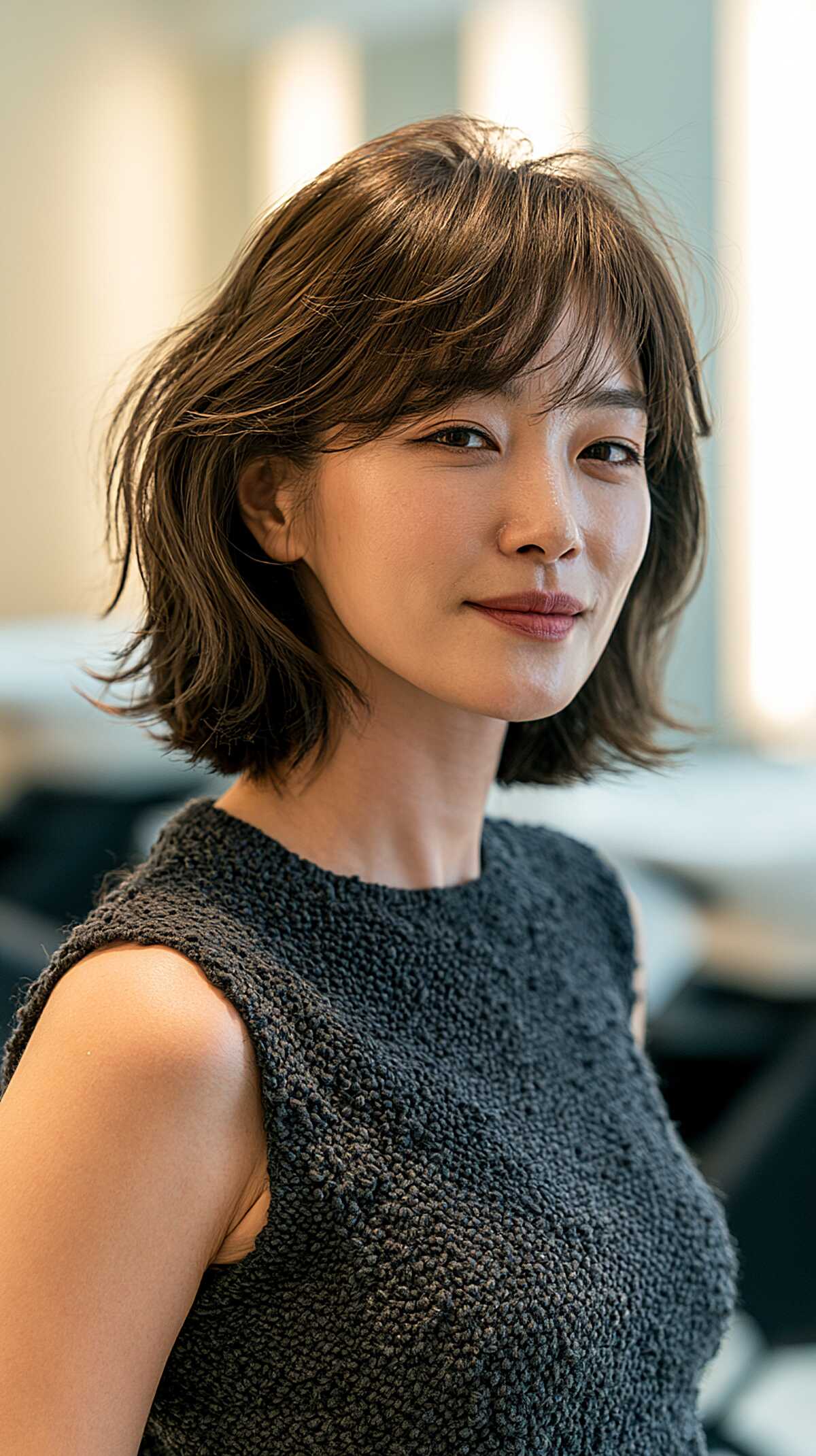 Soft layered brown shag with wispy bangs and flipped ends