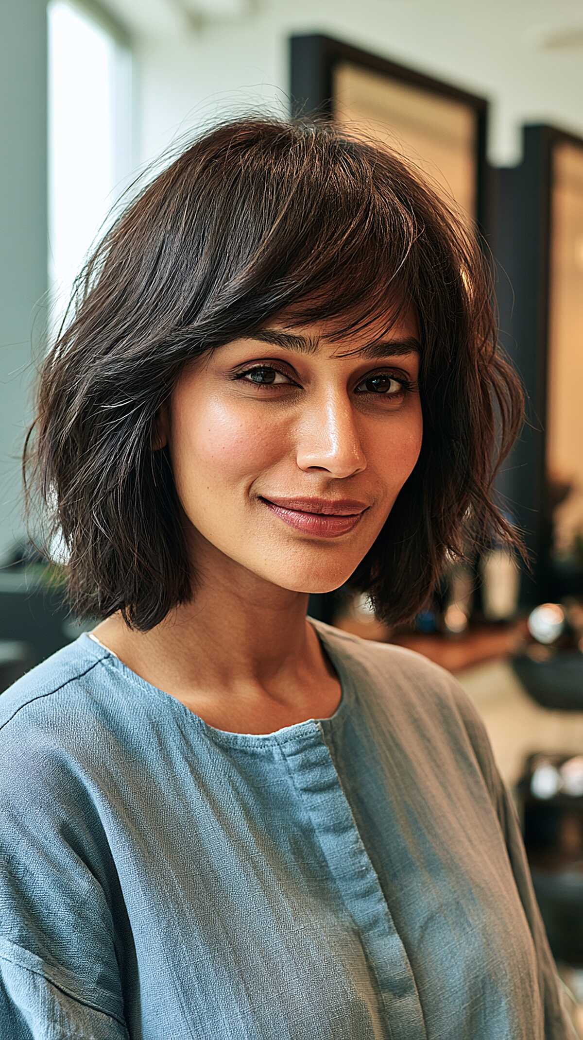 Soft shaggy dark brown bob with face-framing layers