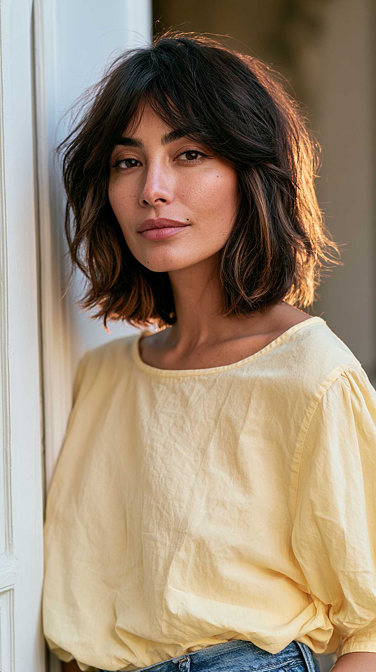 Wavy dark bob with sun-kissed ends and curtain fringe