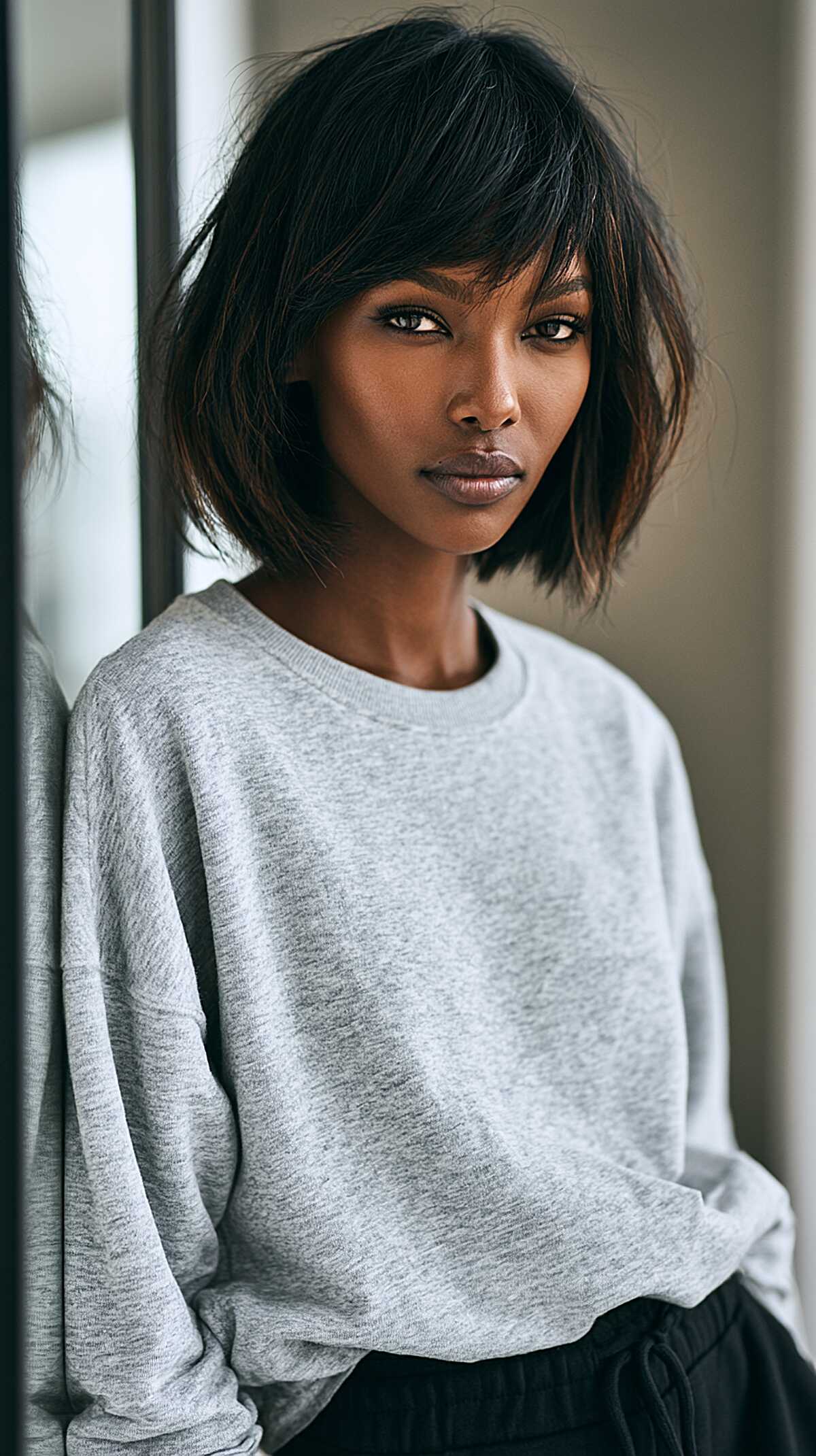 Textured dark chin-length bob with piece-y bangs