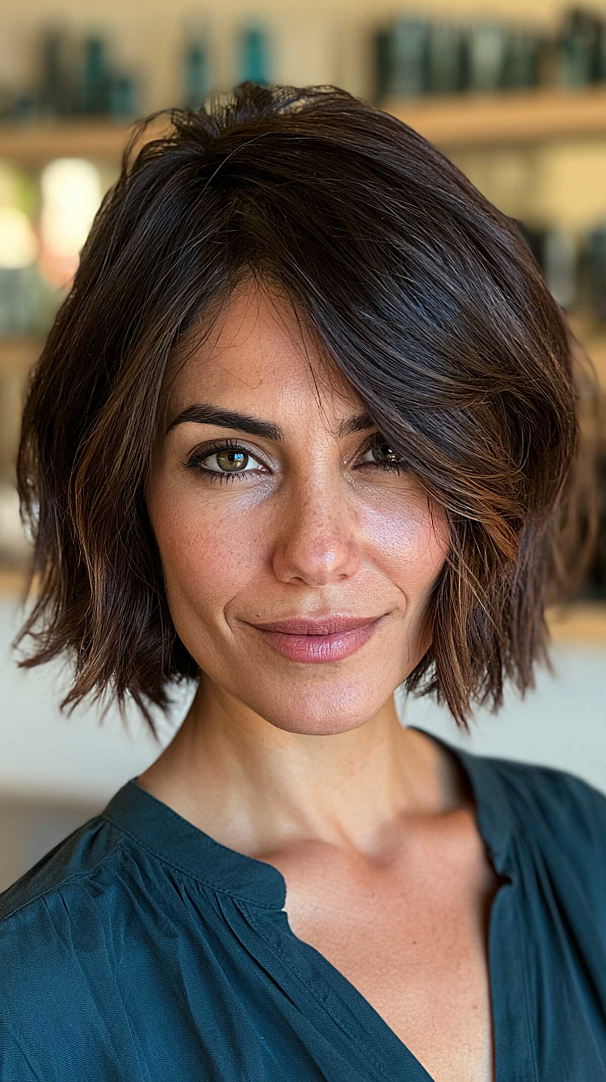 Textured side-part bob in deep brunette with movement
