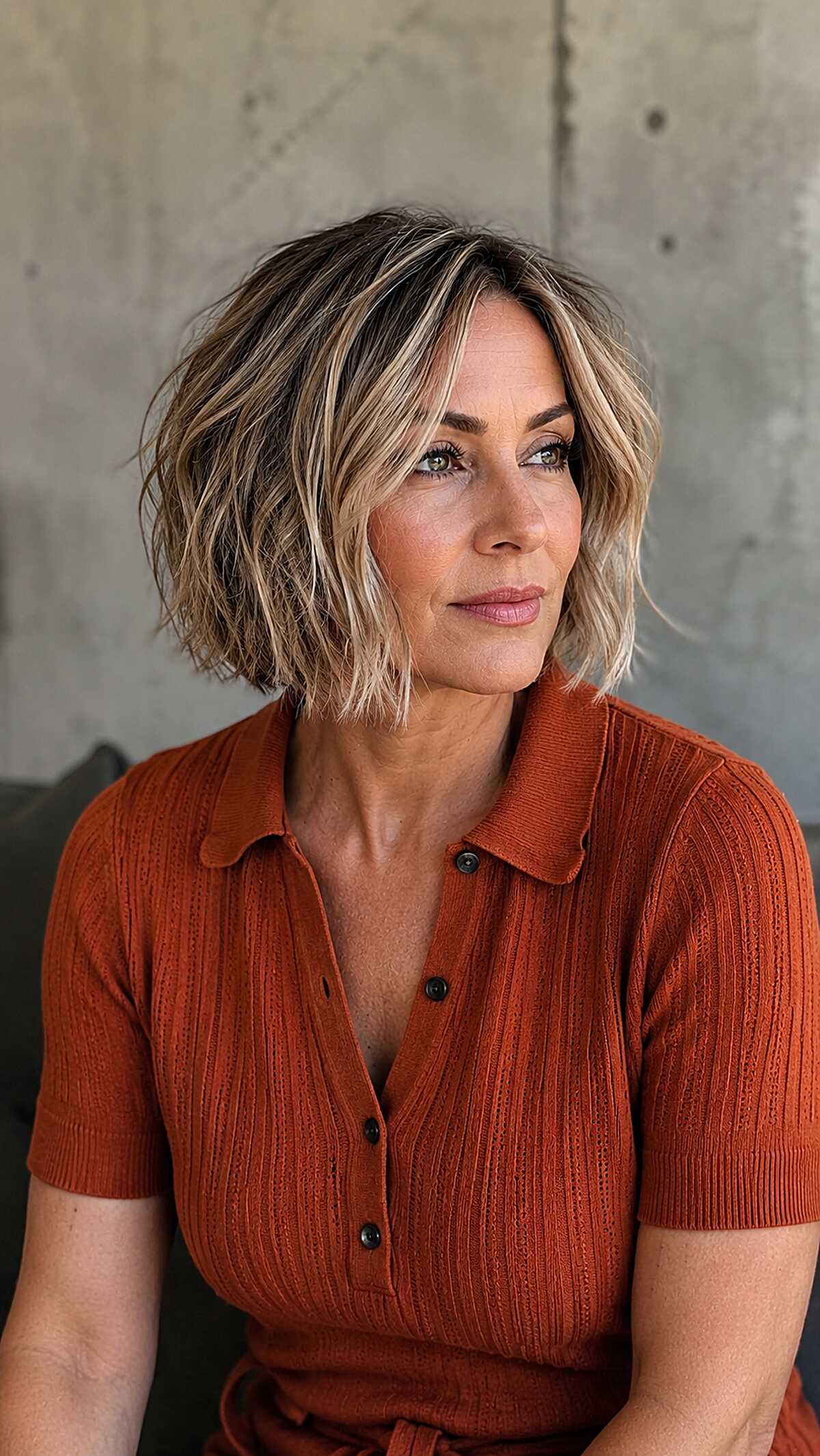 Tousled bronde wavy bob with dark grown-out roots