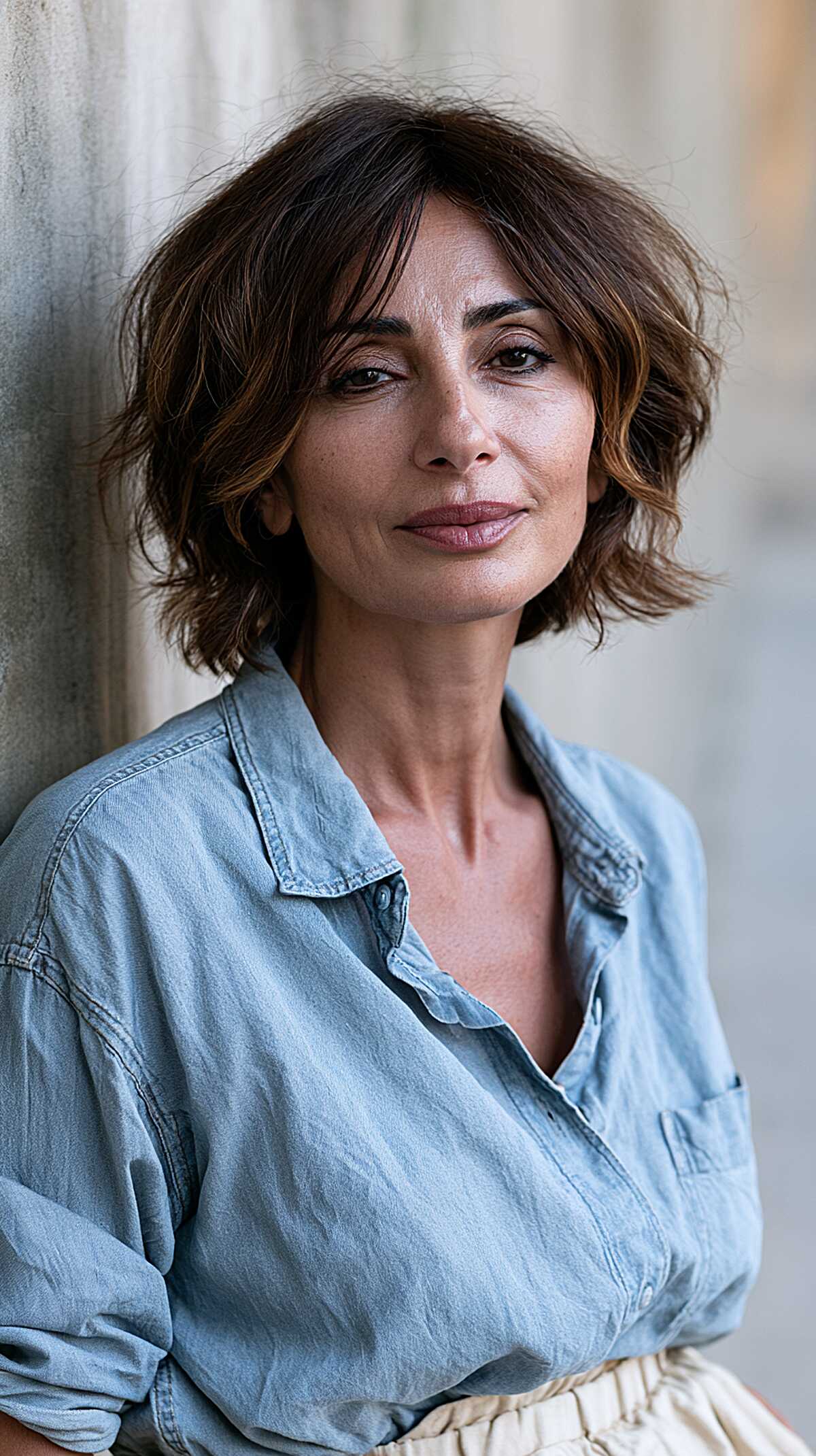 Tousled wavy brunette bob with warm caramel highlights
