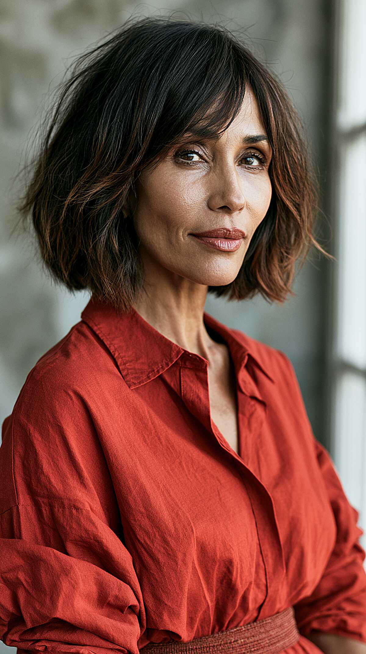 Undone dark wavy bob with warm brown undertones