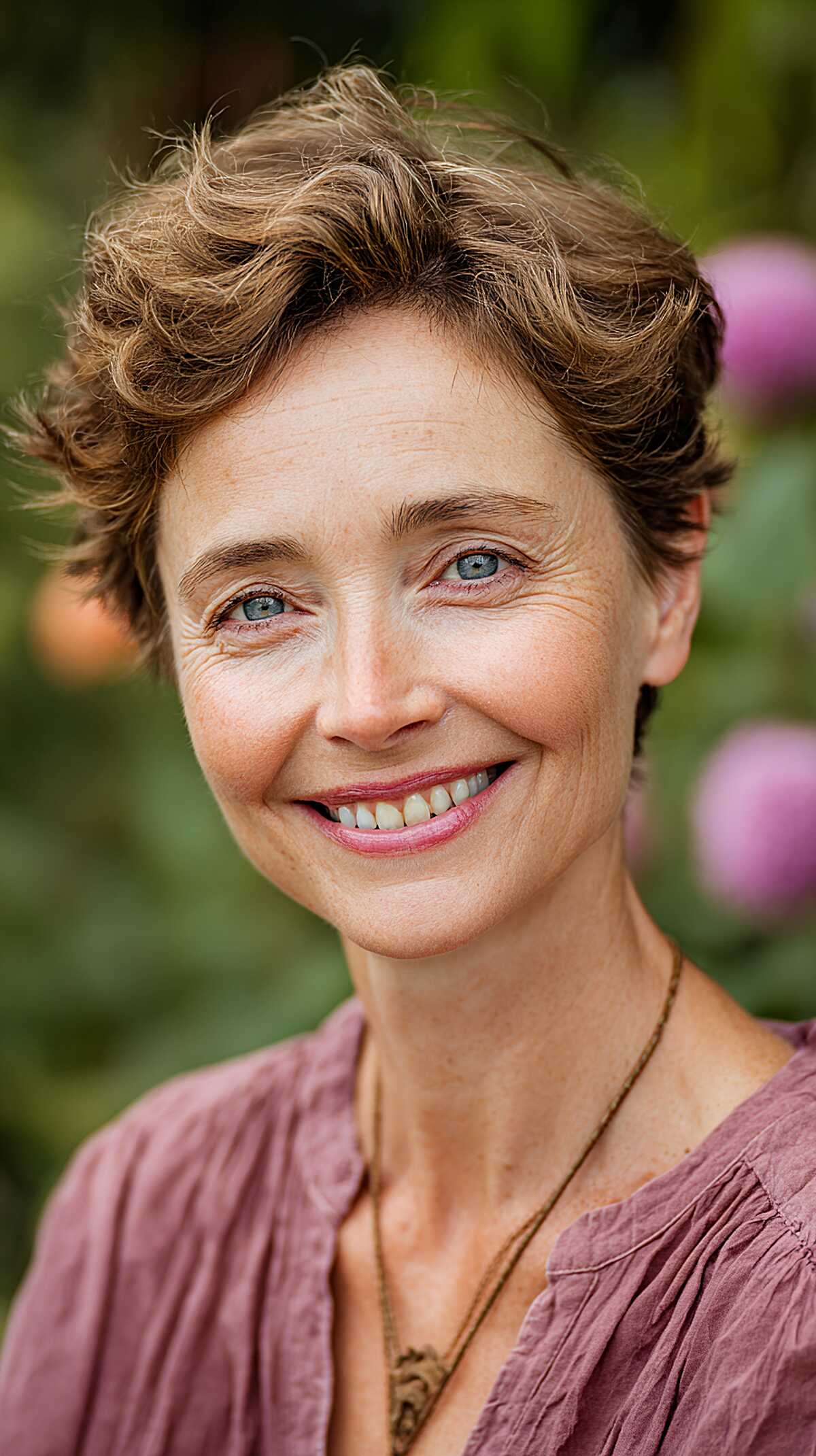 Undone Warm Brunette Pixie with Natural Curl Pattern