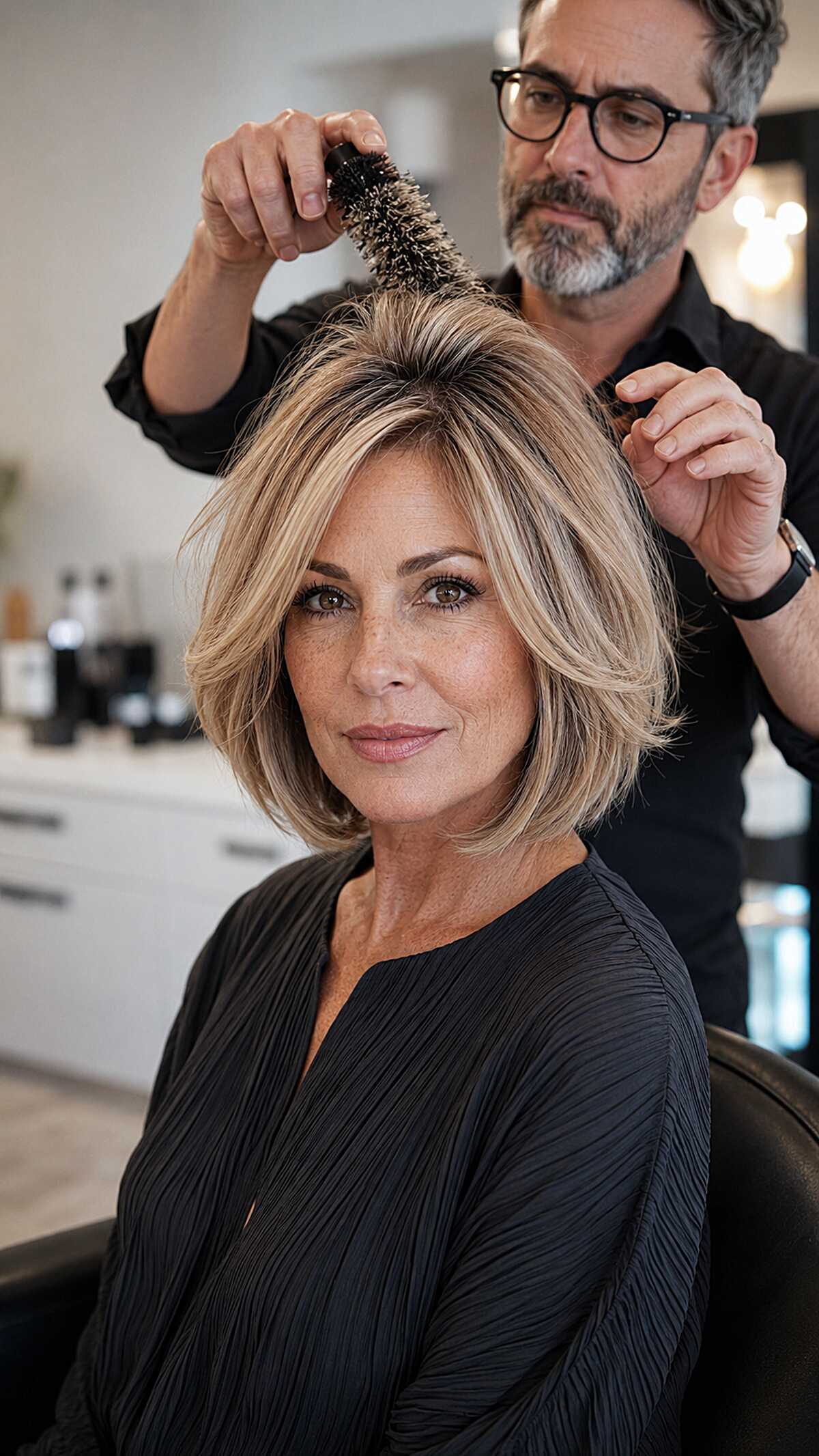 Voluminous blonde bob with dark root shadow being styled
