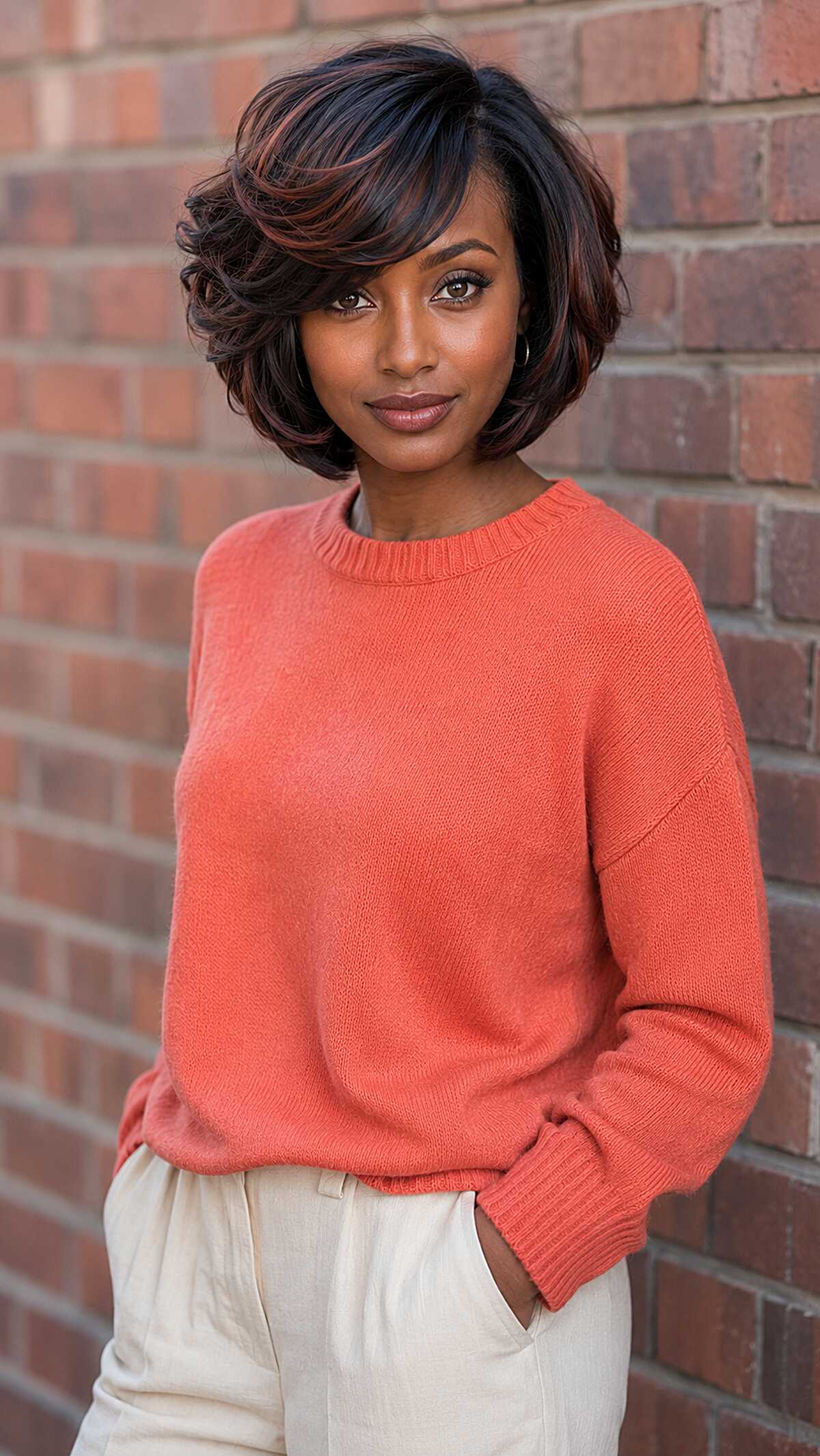 Voluminous dark layered bob with subtle copper accents
