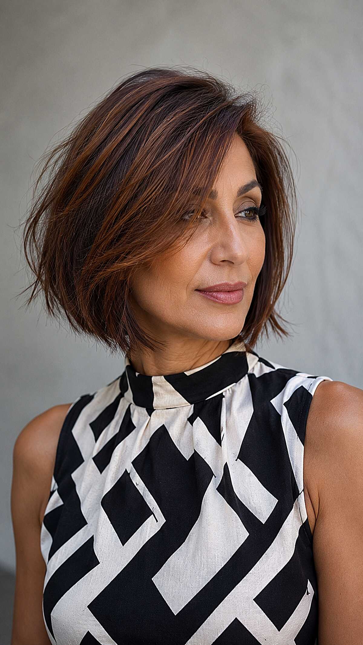 Warm auburn textured floating bob with copper highlights