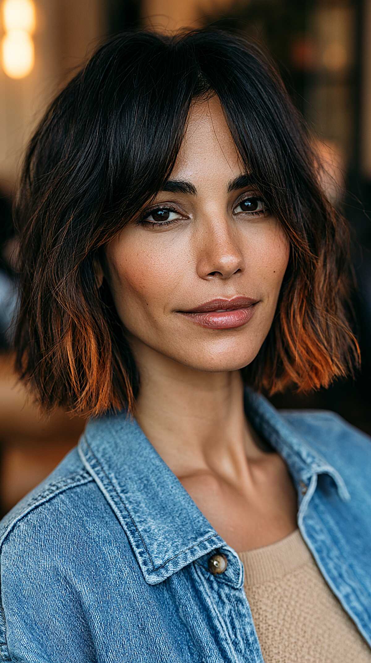 Wavy dark chin-length bob with burnt copper ends