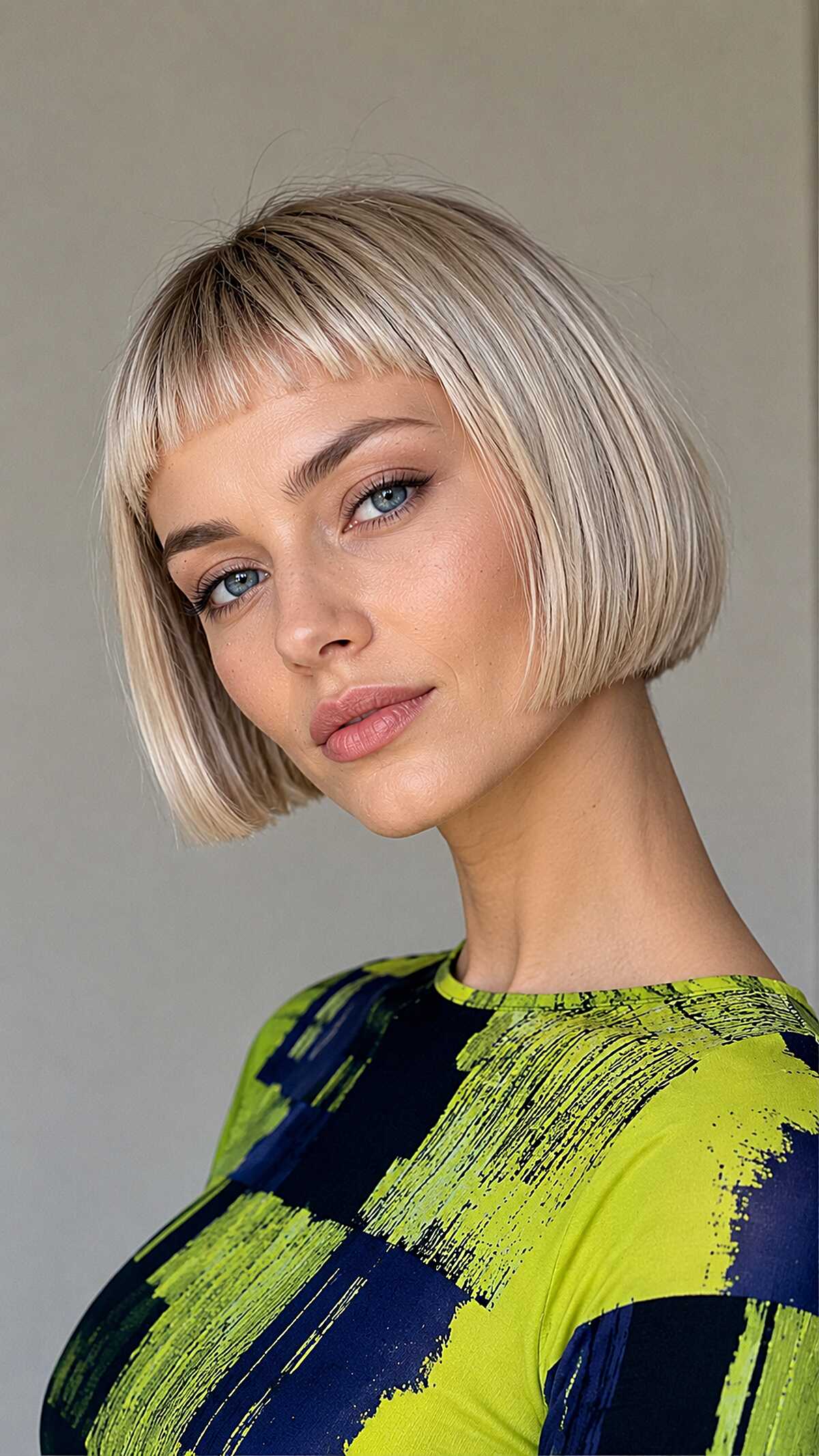 Ash Blonde Blunt Bob with Thin Straight-Cut Micro Bangs