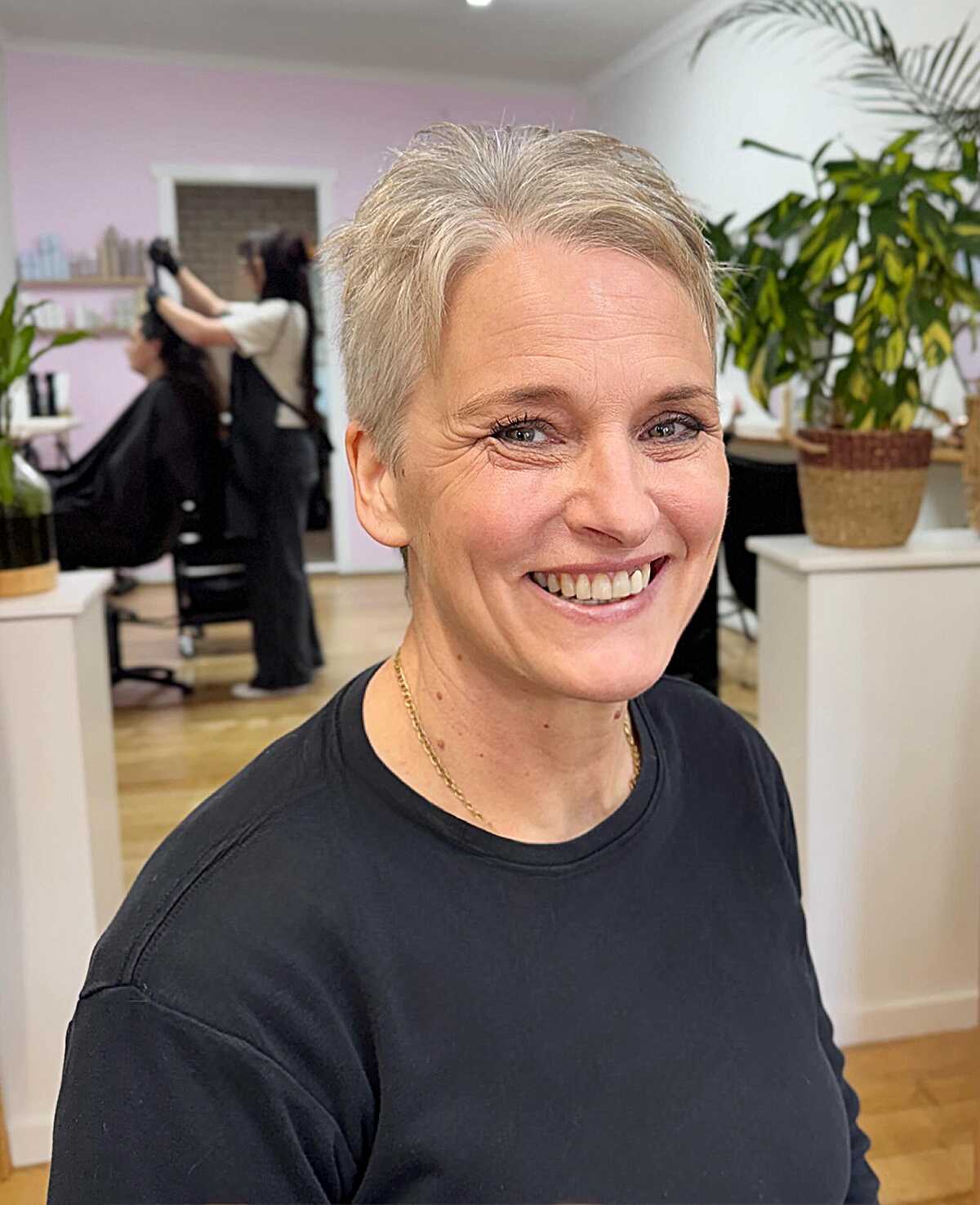 Ash blonde soft pixie crop with natural texture