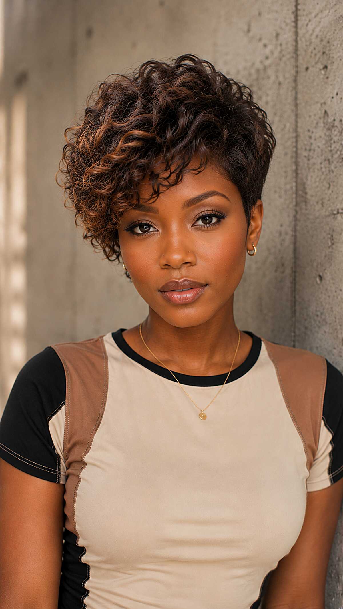 Curly bixie with auburn highlights and tapered sides
