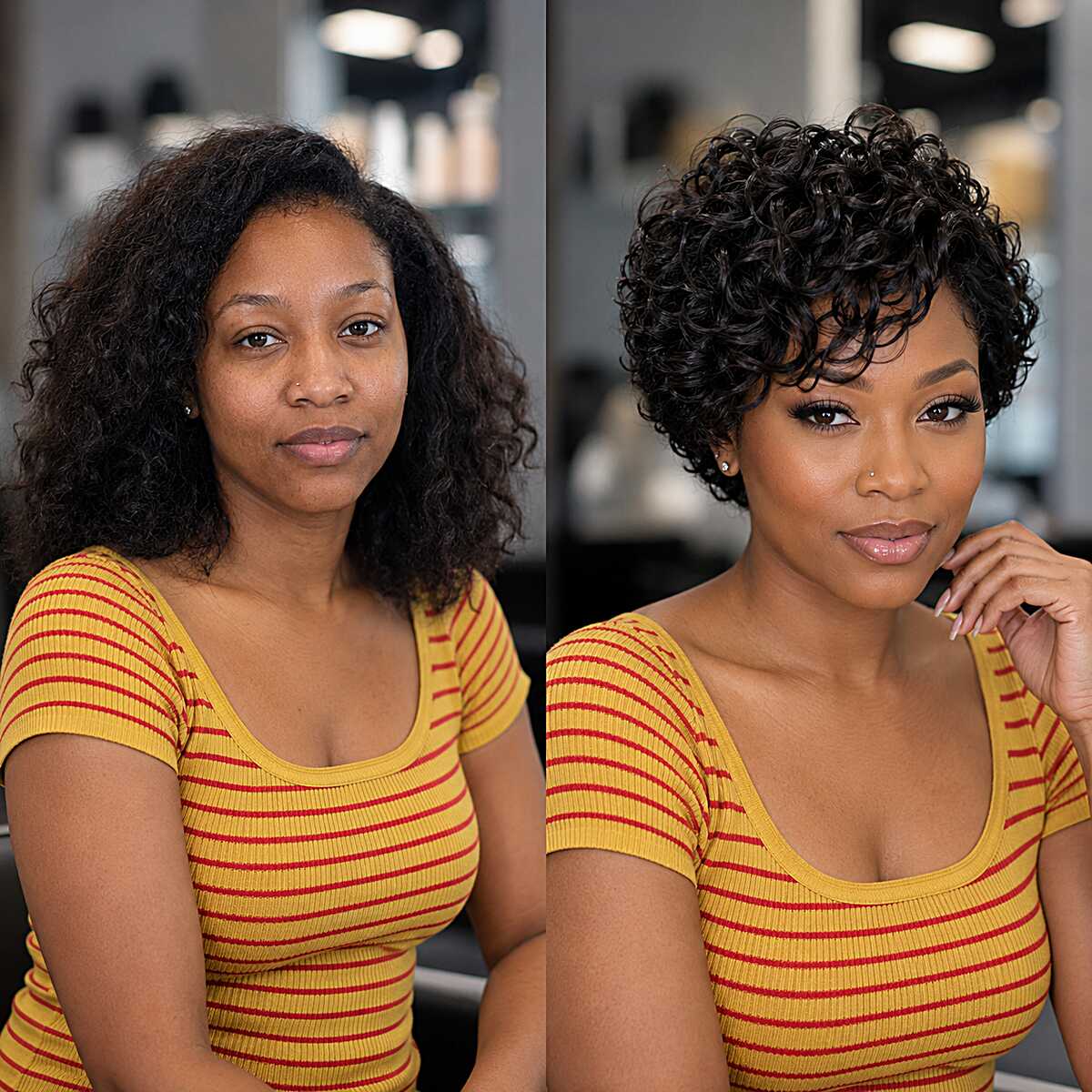 Before and after curly bixie cut on Black woman