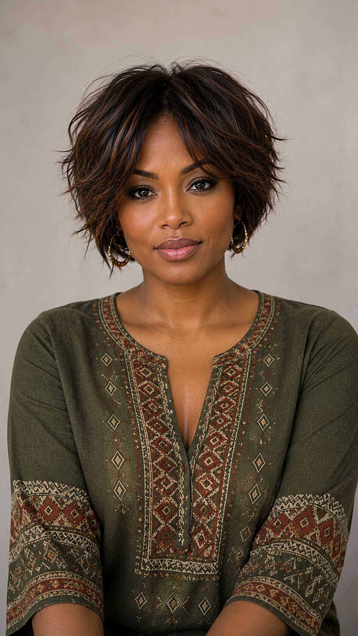 Tousled shaggy bixie with warm brown tones on Black woman