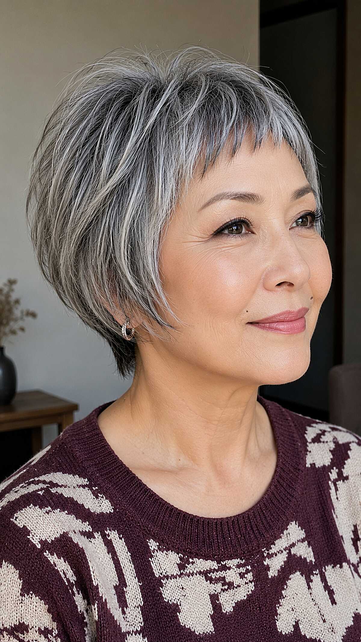 Pepper-and-Steel Layered Crop with Whisper-Thin Micro Fringe