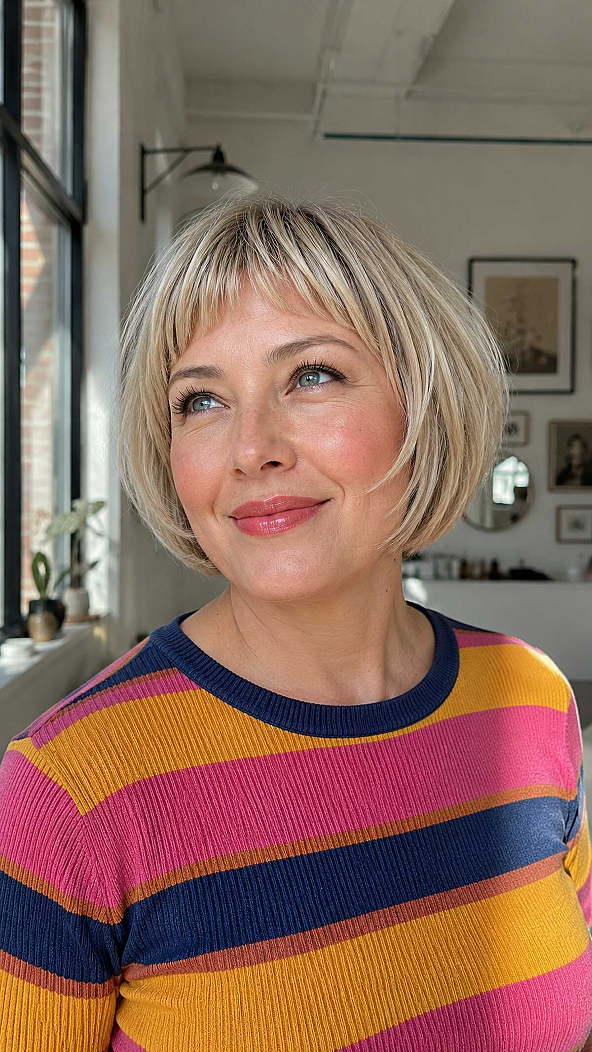 Rounded Blonde Bob with Feathered Mini Bangs