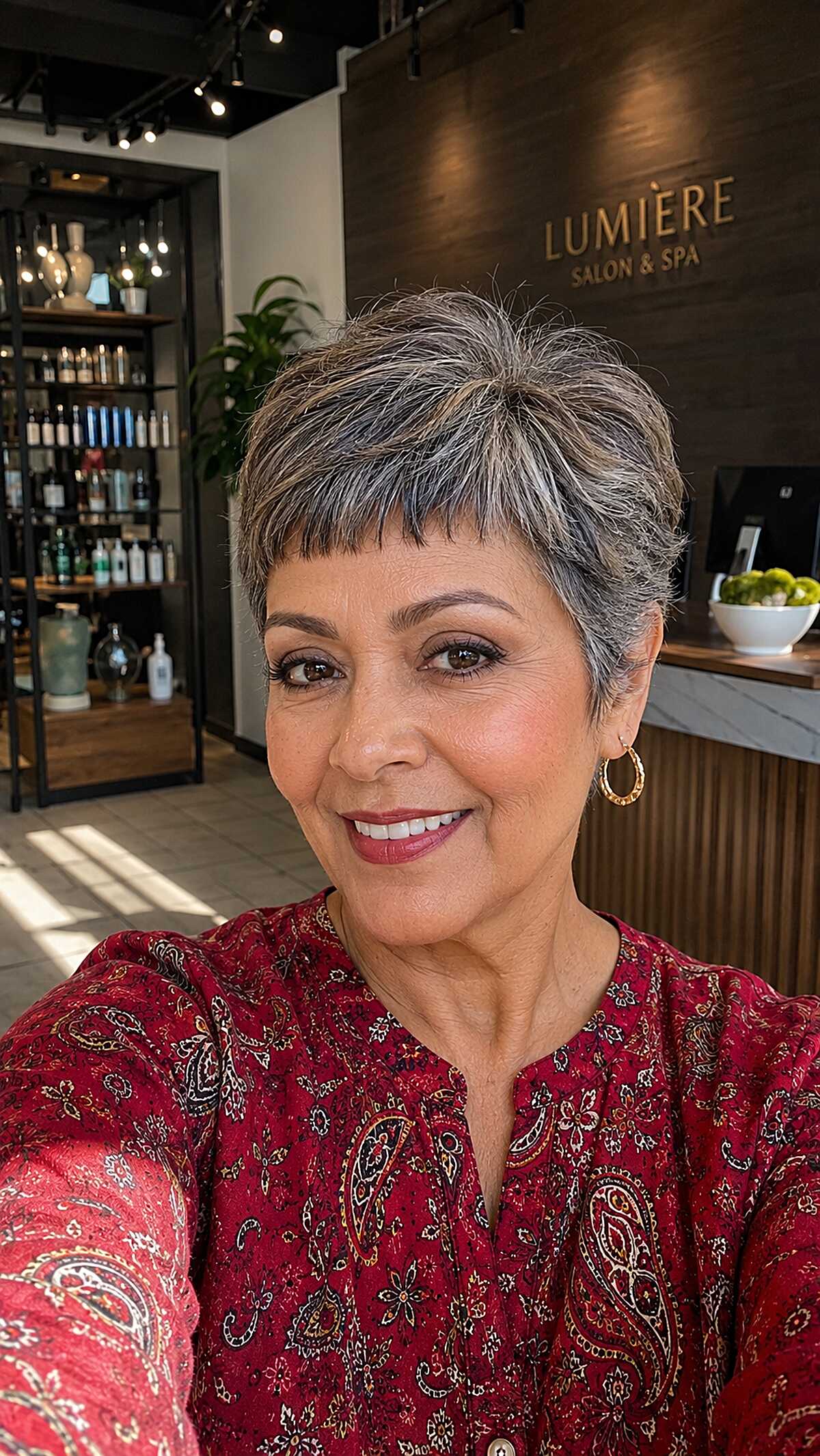 Salt-and-Pepper Textured Pixie with Feathered Micro Fringe