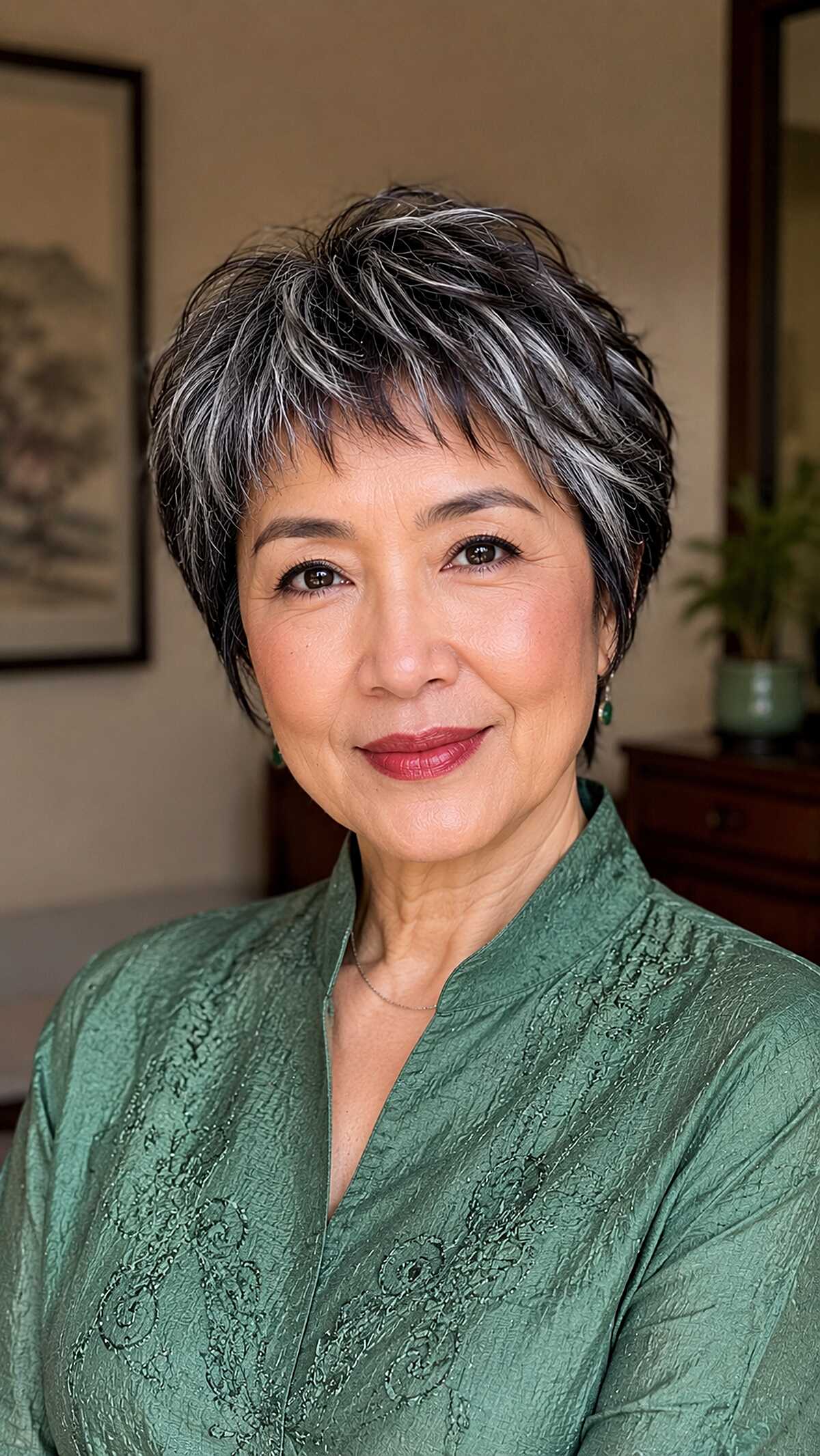 Silver-Streaked Dark Pixie with Swept Micro Fringe